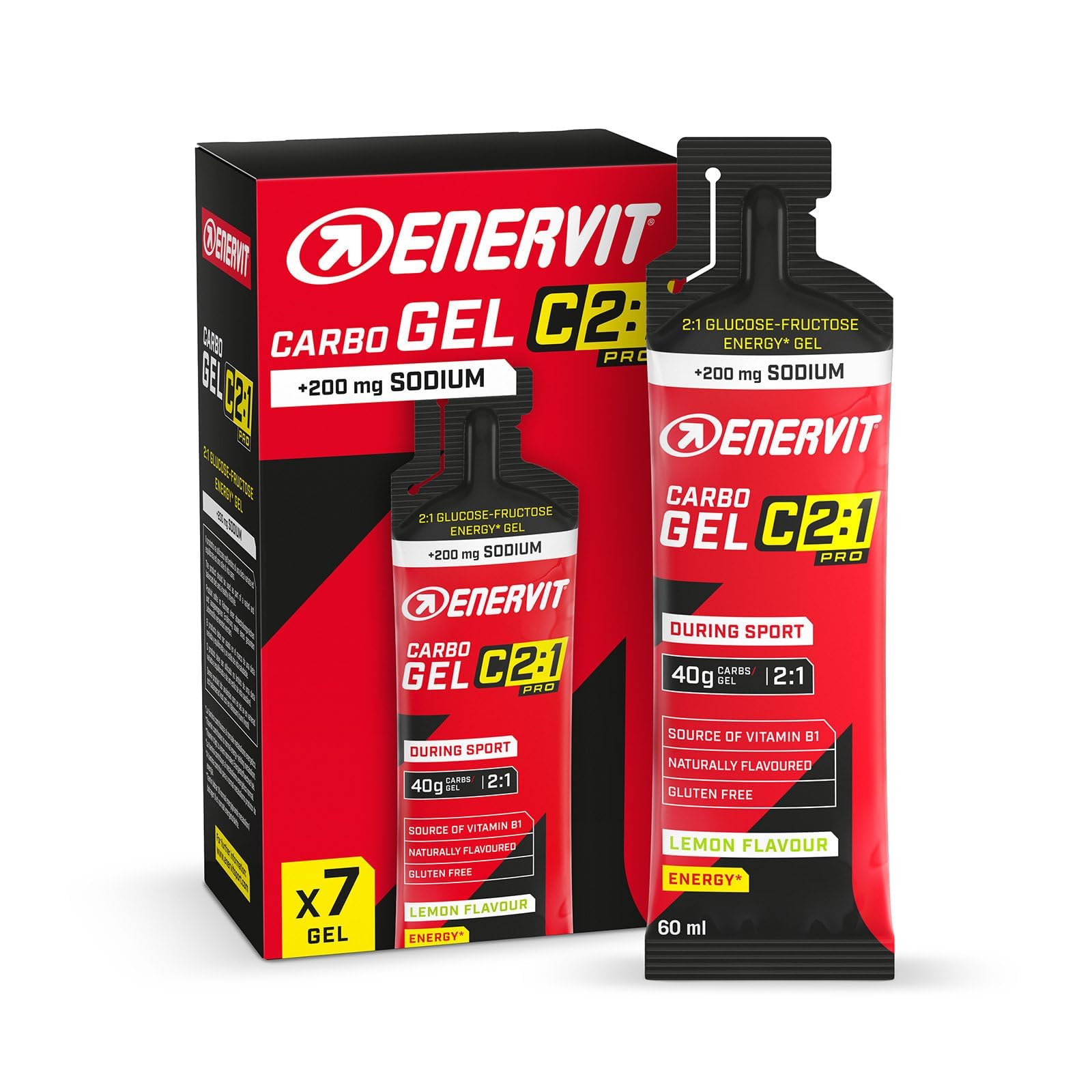 Enervit Carbo Gel C2:1pro Mit Natrium – Energie Gel Mit 40 G Kohlenhydraten Und 50% Schneller Absorbierten Kohlenhydraten, Limettengeschmack, Vegan, Glutenfrei, Leichtverdaulich, 7 Packungen À 60 Ml