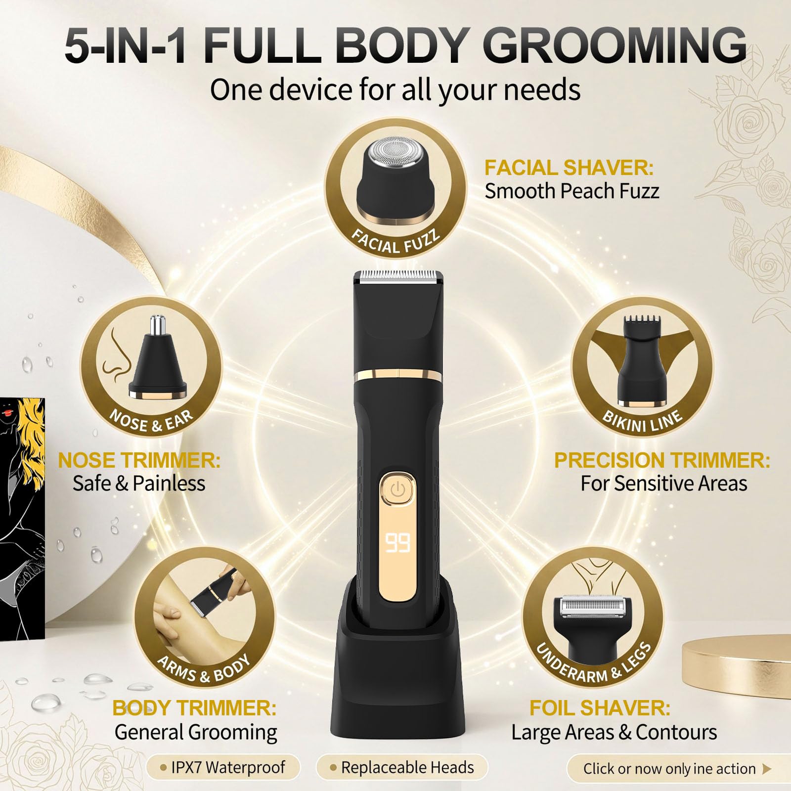 5-in-1 Elektrischer Damenrasierer, Bikini-Trimmer für Damen, wasserdicht, Schamhaar-Trimmer für Damen, Herren, Gesicht, Schamhaar, Rasur, mit 5 austauschbaren Klingenköpfen, USB-Aufladedock, Schwarz
