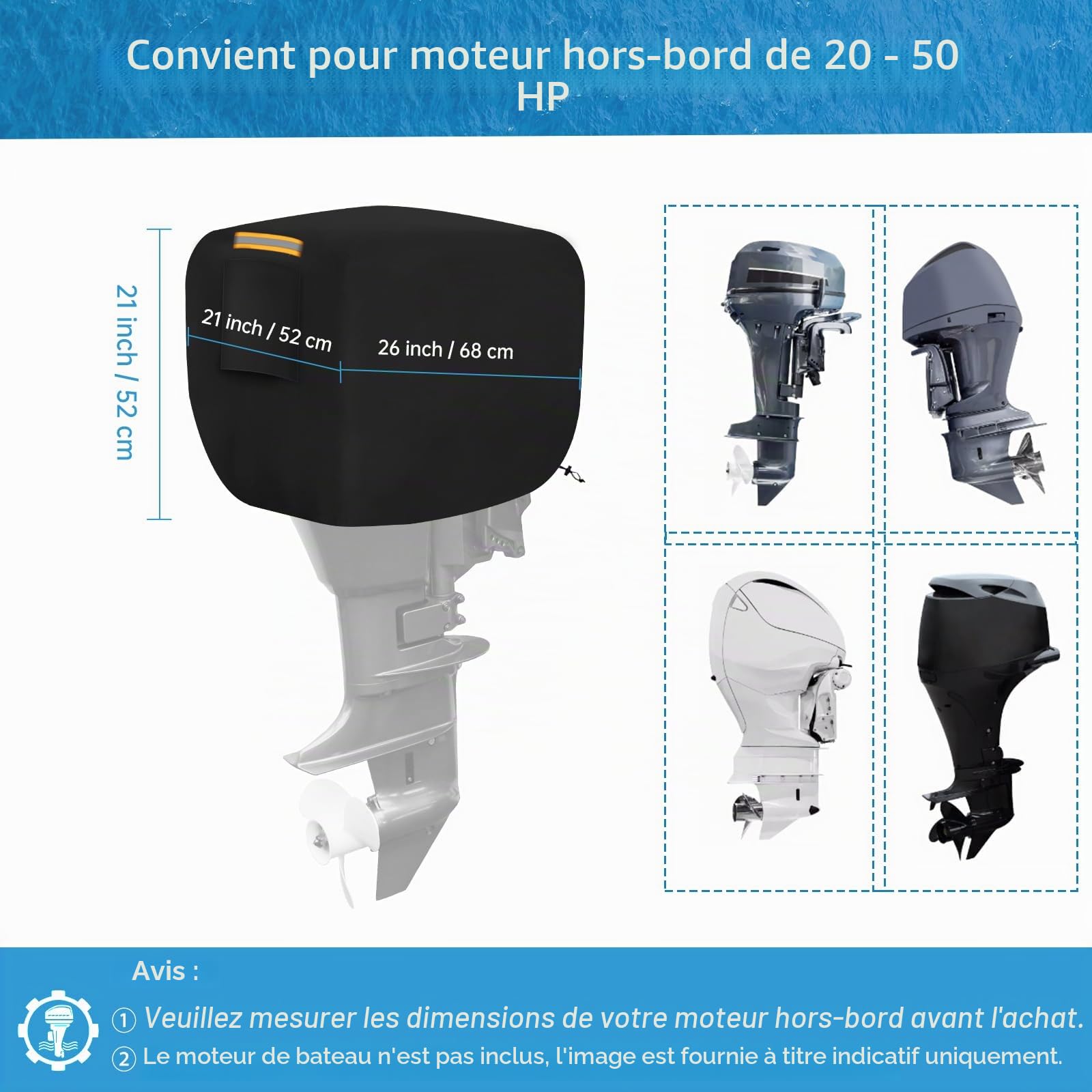 Demi-Couverture de Moteur Hors-Bord de Bateau, Housse de Protection pour Hors-Bord en 600D Oxford Imperméable avec 1 Bande Réfléchissante, 2 Coupe-Vent Boucle et Cordon de Traction Jusqu'à 60-100 HP