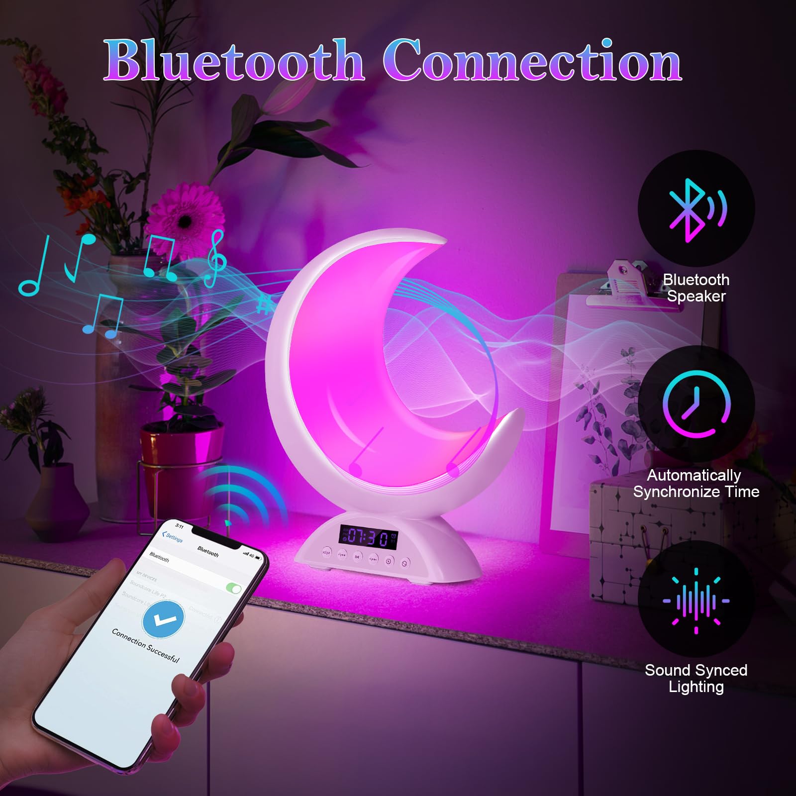 Sveglia luminosa, sveglia con luce, 19 modalità di luce, controllo touch con funzioni dimmerabili, altoparlante Bluetooth, ideale per camera da letto di adulti e bambini