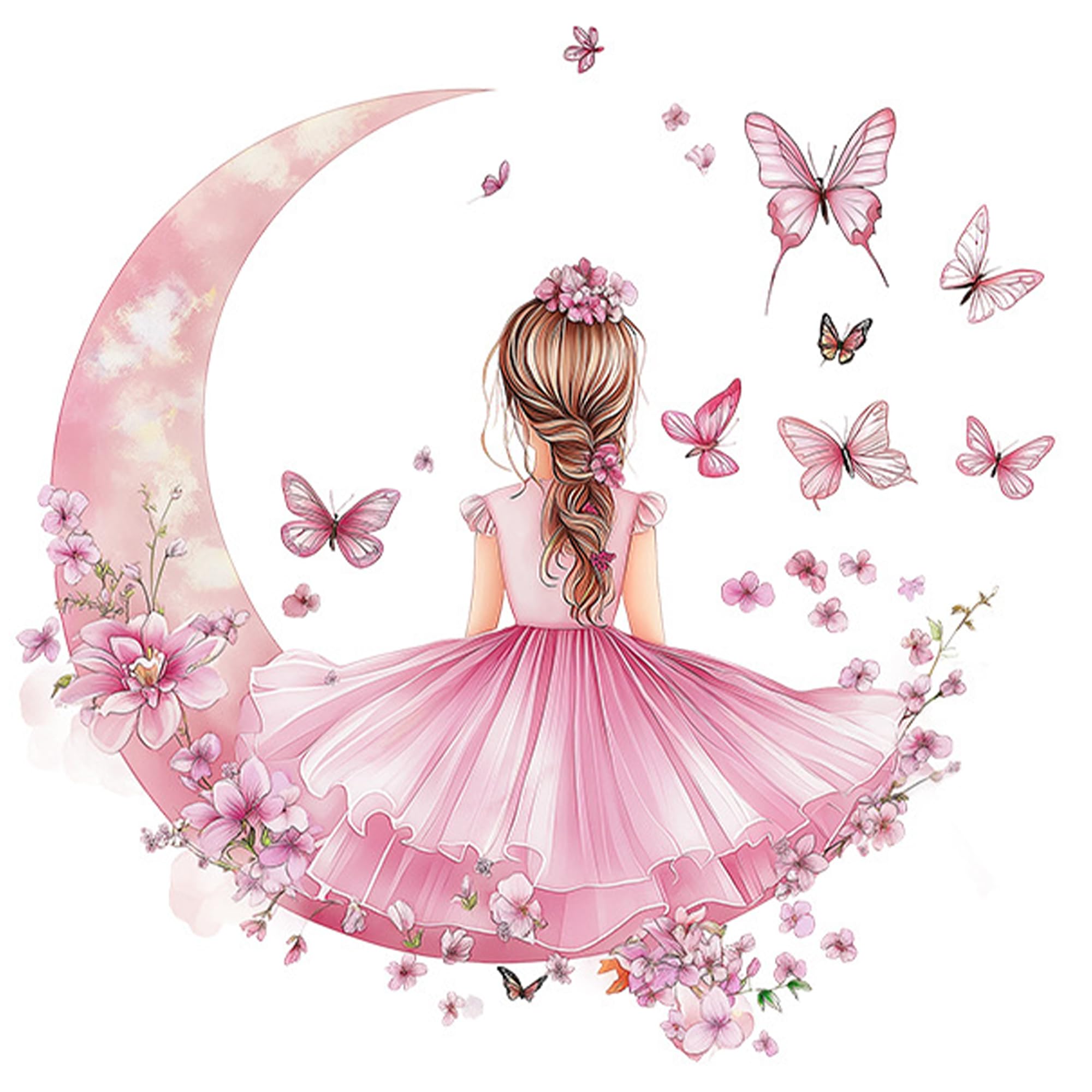 Floral Fairy Wall Stickers, Girls Bedroom Wall Decals with Butterfly Flower Design MINWEGI Pink Cartoon Wall Art, Removable PVC Wall Decor for Nursery Kids Room, 2-Piece Set 30x60cm