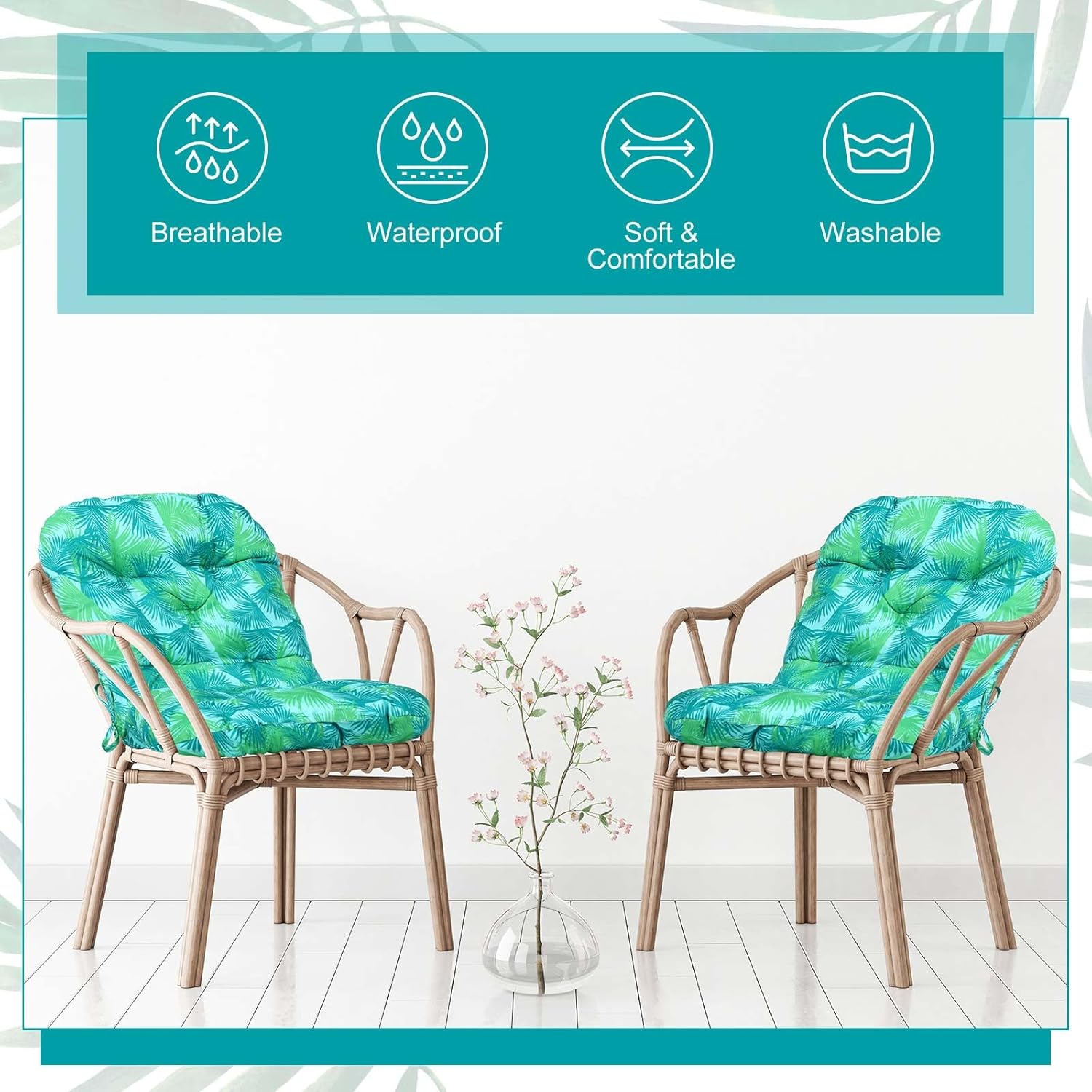 Chunful 4 Pack Tufted Back Chair Cushion Indoor Outdoor Weather Resistant Rocking Patio Chair Cushions for Indoor Outdoor Lawn Furniture(Palm Leaves)