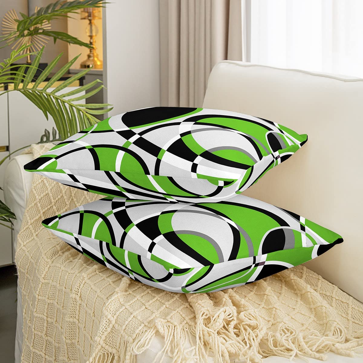 Loussiesd Set di 4 federe per cuscino con geometria a cerchio nero grigio e bianco a righe reversibili per cuscini di arte moderna quadrati Set di 4 federe per cuscini astratte 40