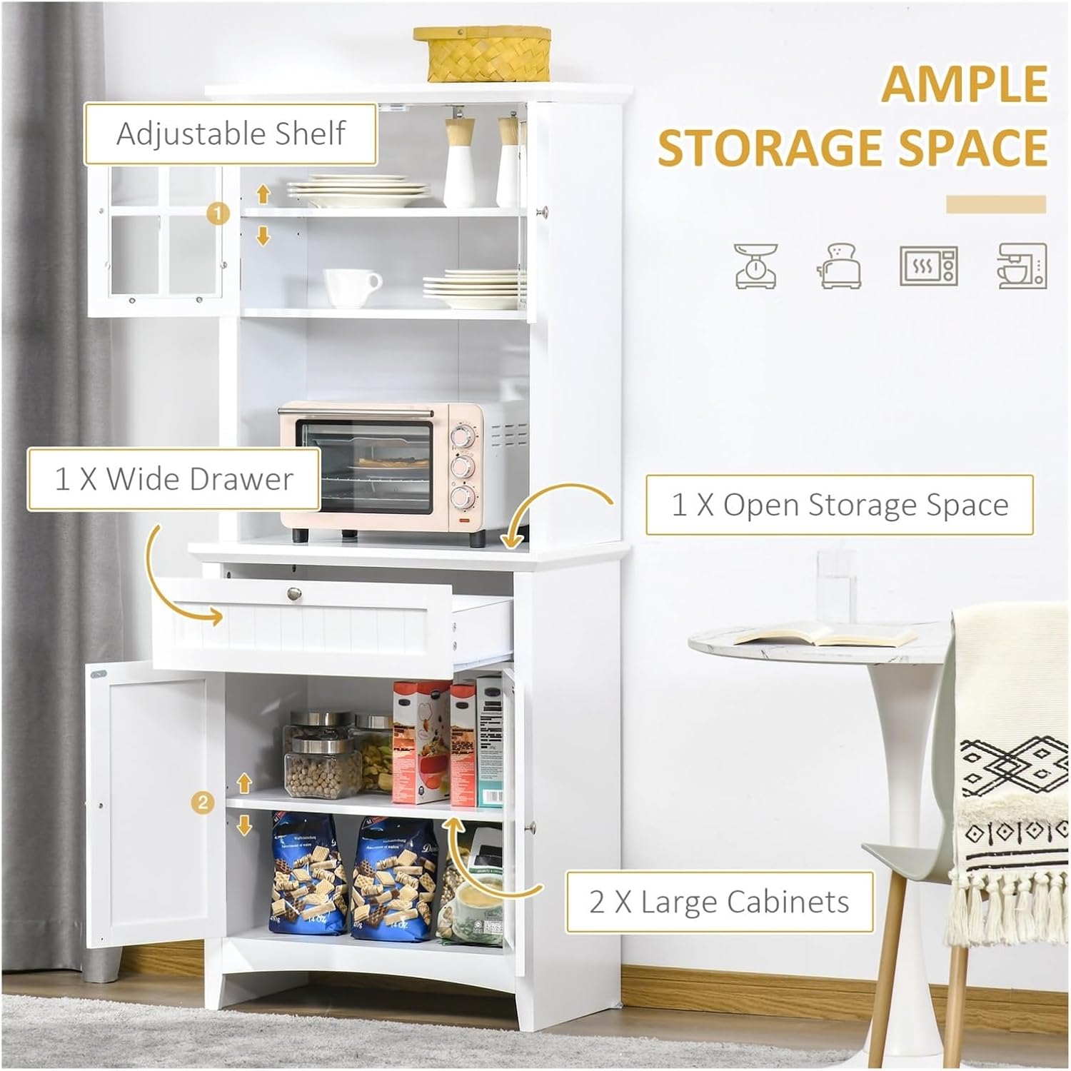 Elegant Buffet with Hutch, Kitchen Pantry Storage Cabinet with Framed Glass Door Drawer and Microwave Space, White,for The Kitchen