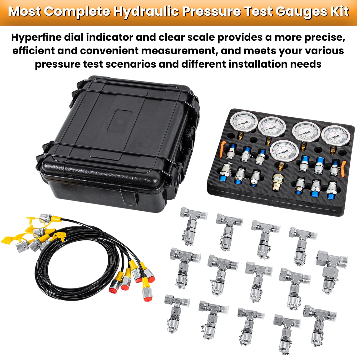Hydraulic Pressure Test Kit with 5 Gauges 13 Test Couplings 14 Tee Connectors 5 Test Hoses for Excavator Construction Machinery 10/100/250/400/600bar 150/1500/4000/6000/9000PSI