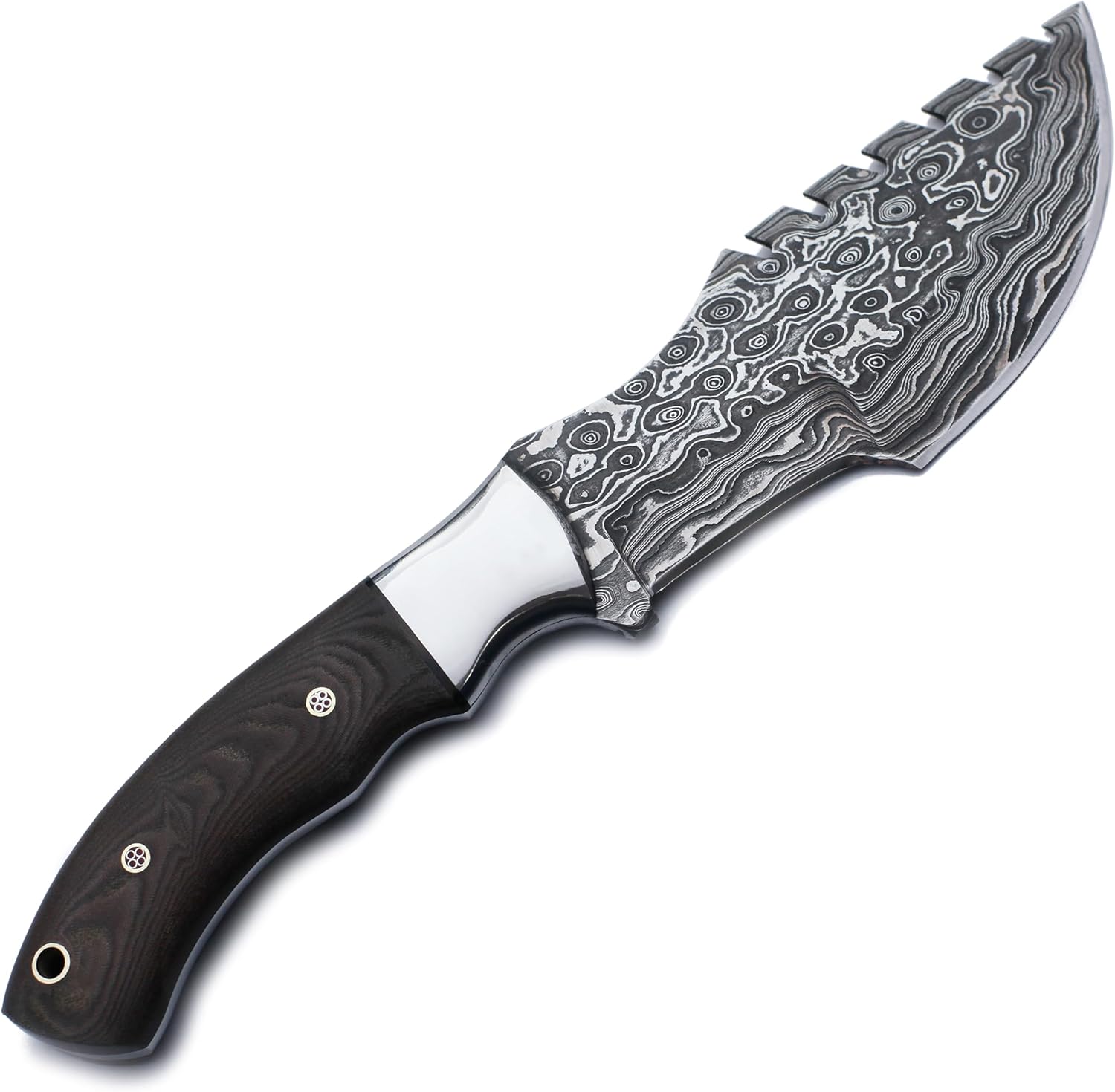 Handmade Damascus Steel Tracker Bowie Knife for Edc,Hunting,Bushcraft,Survival,Camping and Fishing with Saw Back Blade and Sharping Stone-Full Tang-Micarta Handle with Cowhide-Leather Sheath -DCX17-62