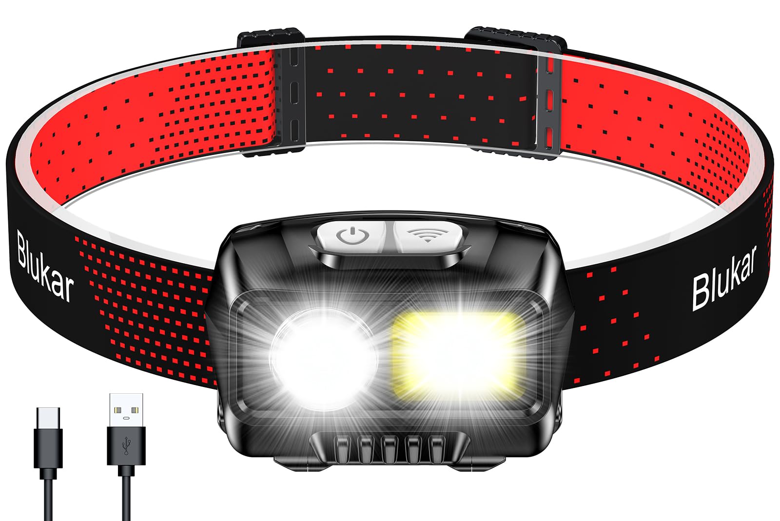 Blukar LED Headlamp Rechargeable,2000L High Lumen Super Bright Dimmable Headlight Flashlight with Motion Sensor- 8 Modes,Spotlight&Floodlight,IPX5 Waterproof for Camping,Hiking,Running,Fishing
