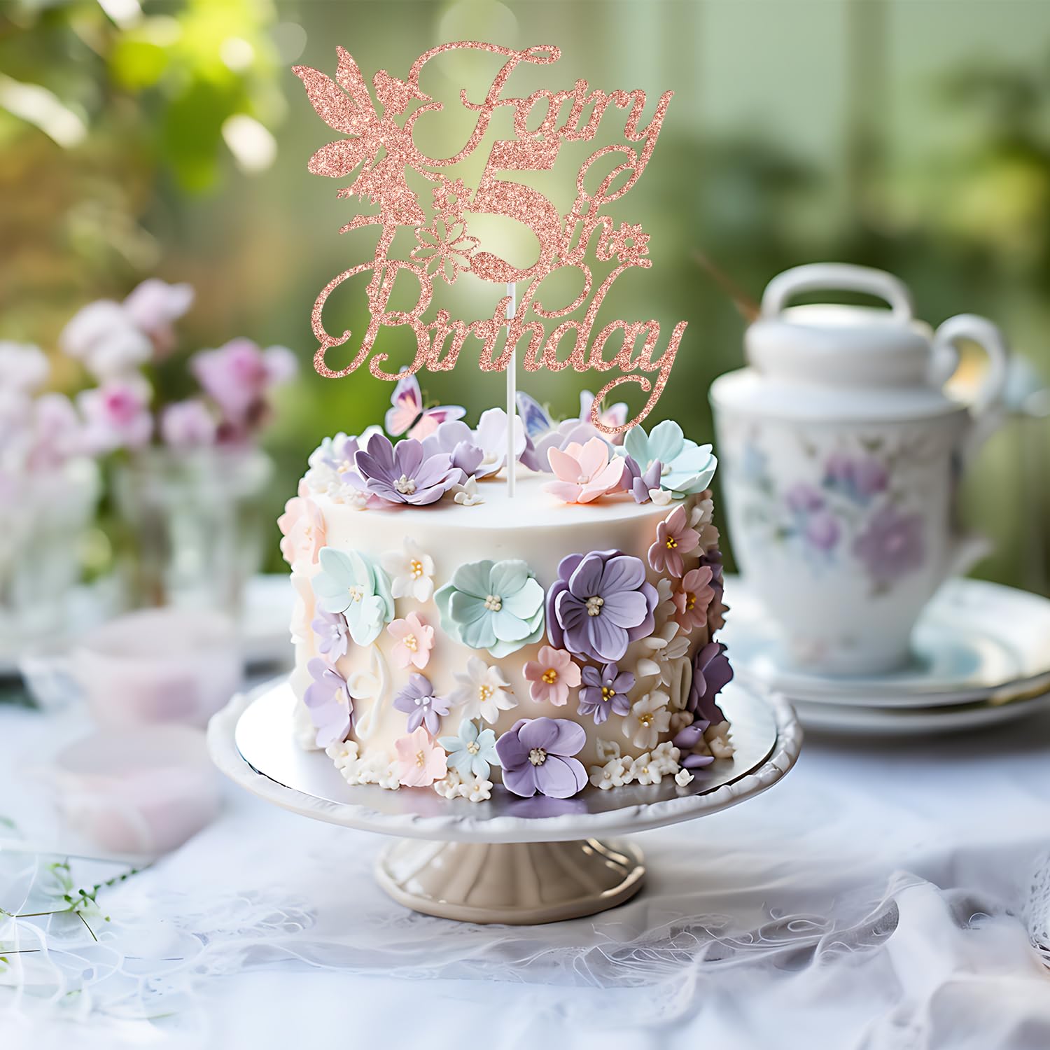 Fairy 5th Birthday Cake Topper, Fairy Happy 5th Birthday Decorations, Girls 5th Birthday Cake Decor, Floral Fairy Birthday Party Decorations, Rose Gold Glitter - Image 6 thumbnail