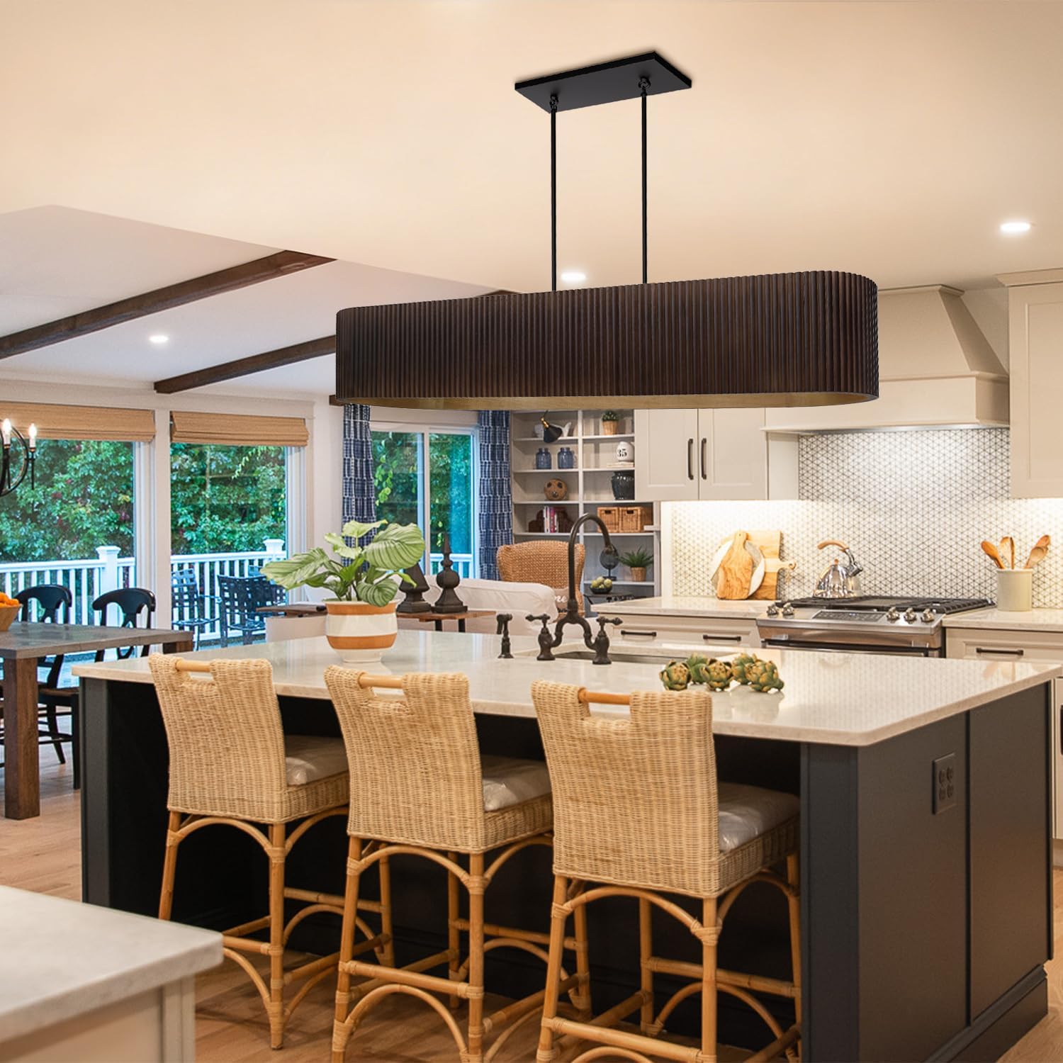 6-Light Dining Room Light Fixture Over Table, Adjustable Height Farmhouse Chandelier, Kitchen Island Light Fixture, Wood Chandeliers for Dining Room&Kitchen Island