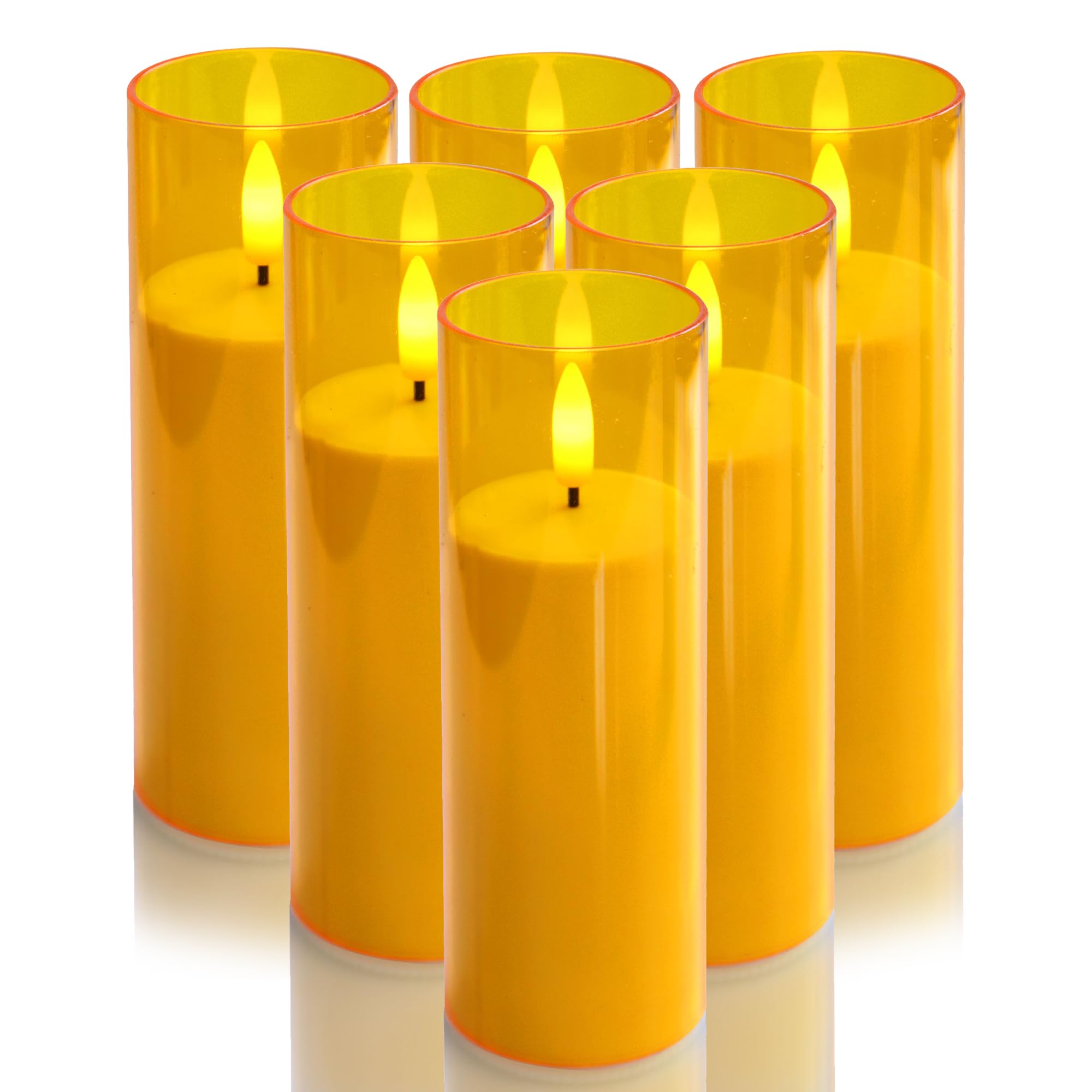 Indoor Outdoor Flameless Candles with Timer Waterproof Realistic Flickering Battery Operated Pillar LED Lights with Acrylic Shell Wedding Party Christmas Decorations 6 Pack 2”x6” Gold