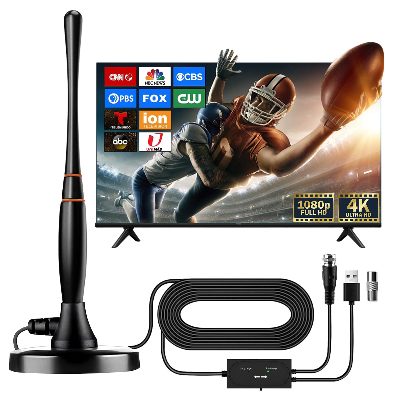 Antenna TV Interna, Antenna per Smart TV per ricezione a lungo raggio e tutte le Smart TV e vecchie TV, antenna digitale HD con amplificatore di segnale per canali locali, supporta 4K 1080p