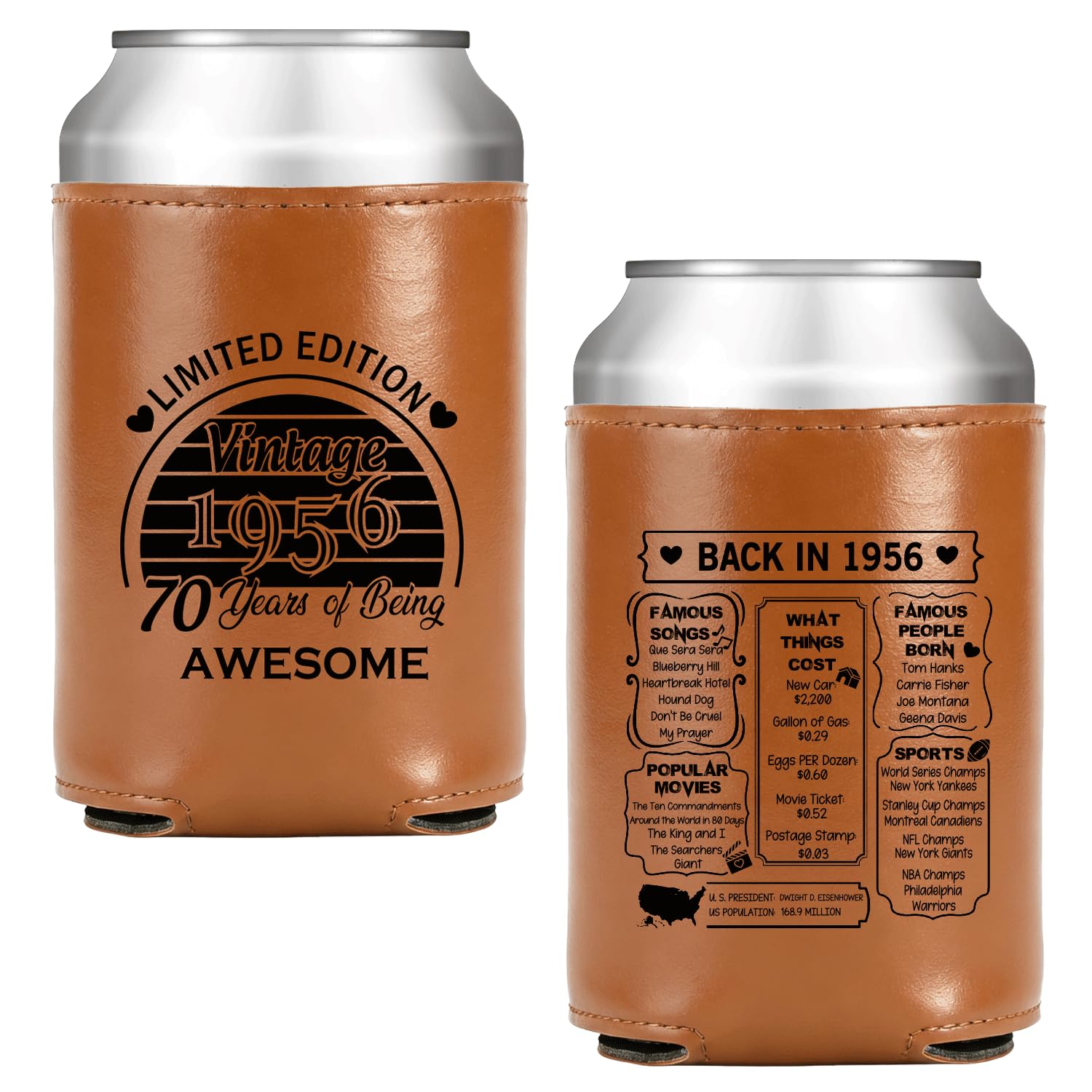 70th Birthday Gifts for He Him -Funny Dad Gifts, Cooler for Cans- 1956 Decorations -Vintage 1956 Leather Can Cooler for Men-Valentines Day Birthday