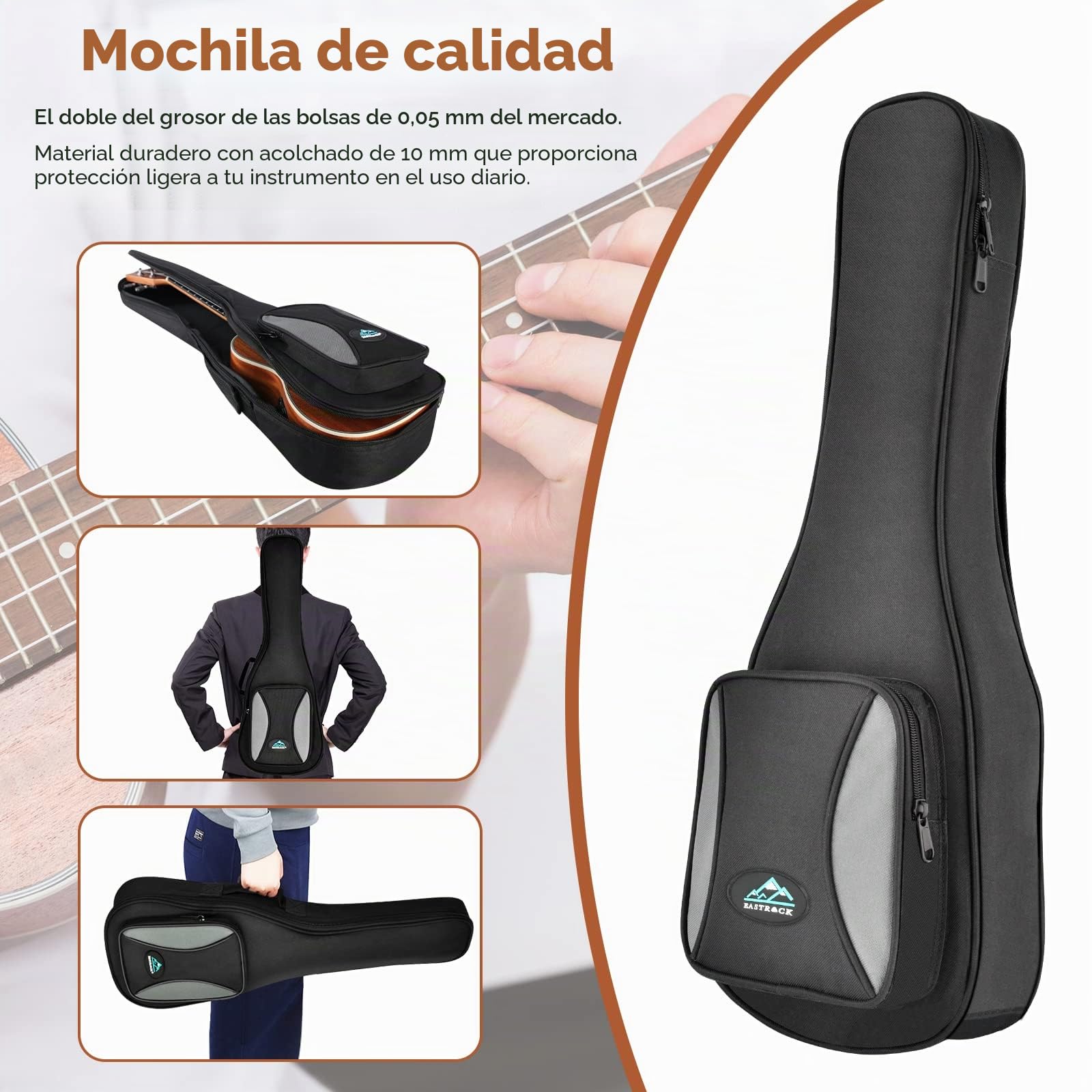 EASTROCK Ukelele soprano para principiantes Kit de ukelele de madera de sapeli de 21 pulgadas con bolsa Thicknen, afinador, correa, hilo de carbono, juego de paño de limpieza