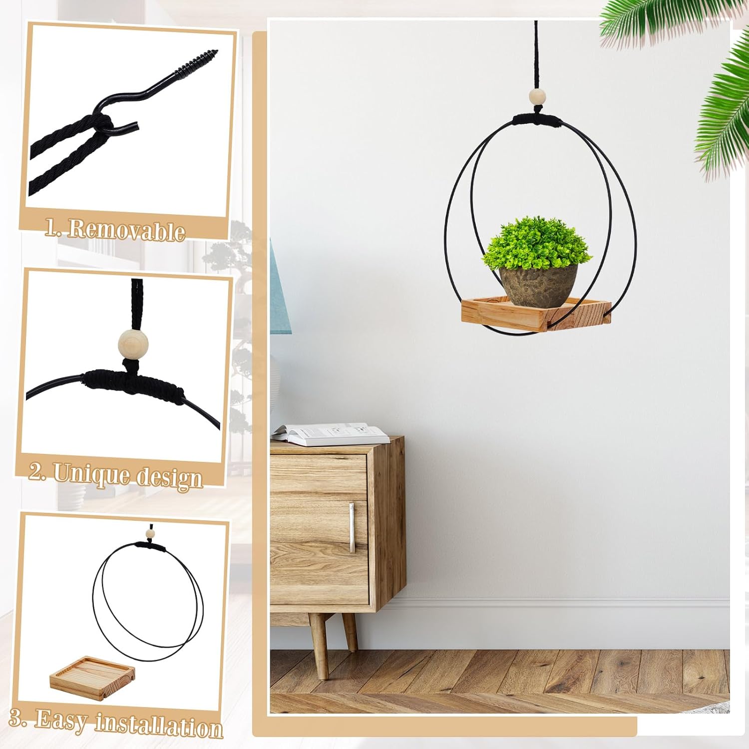 Geelin 2 Pack Plant Hanger with Wood Base Hanging Window Planter Boho Macrame Hanging Plant Holders for Window Indoor Outdoor Room Ceiling Home Decorations(Black)