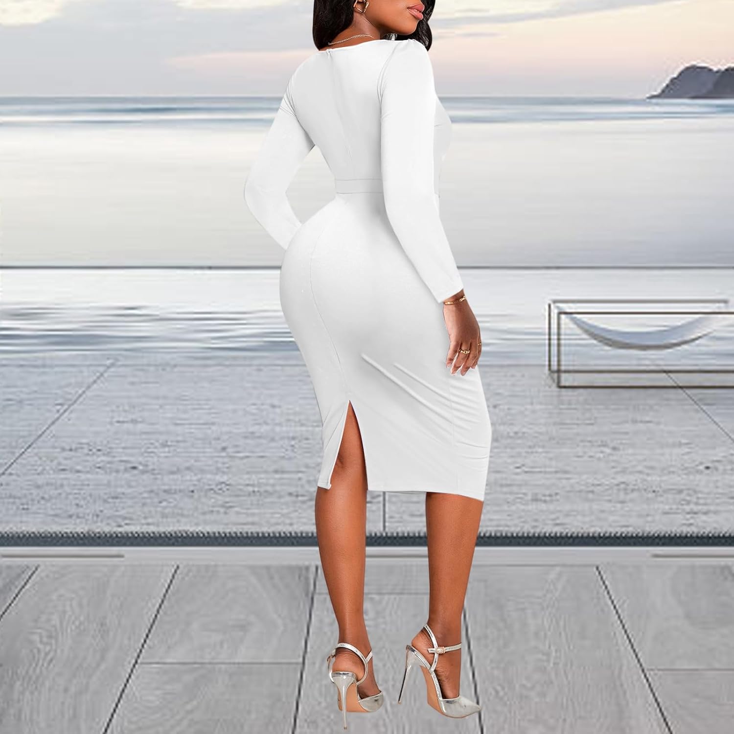 PaladMom Women's Elegant Long Sleeve Dresses for Work Casual Pencil Dress Sexy Business Dress Formal Cocktail Dress - Image 6