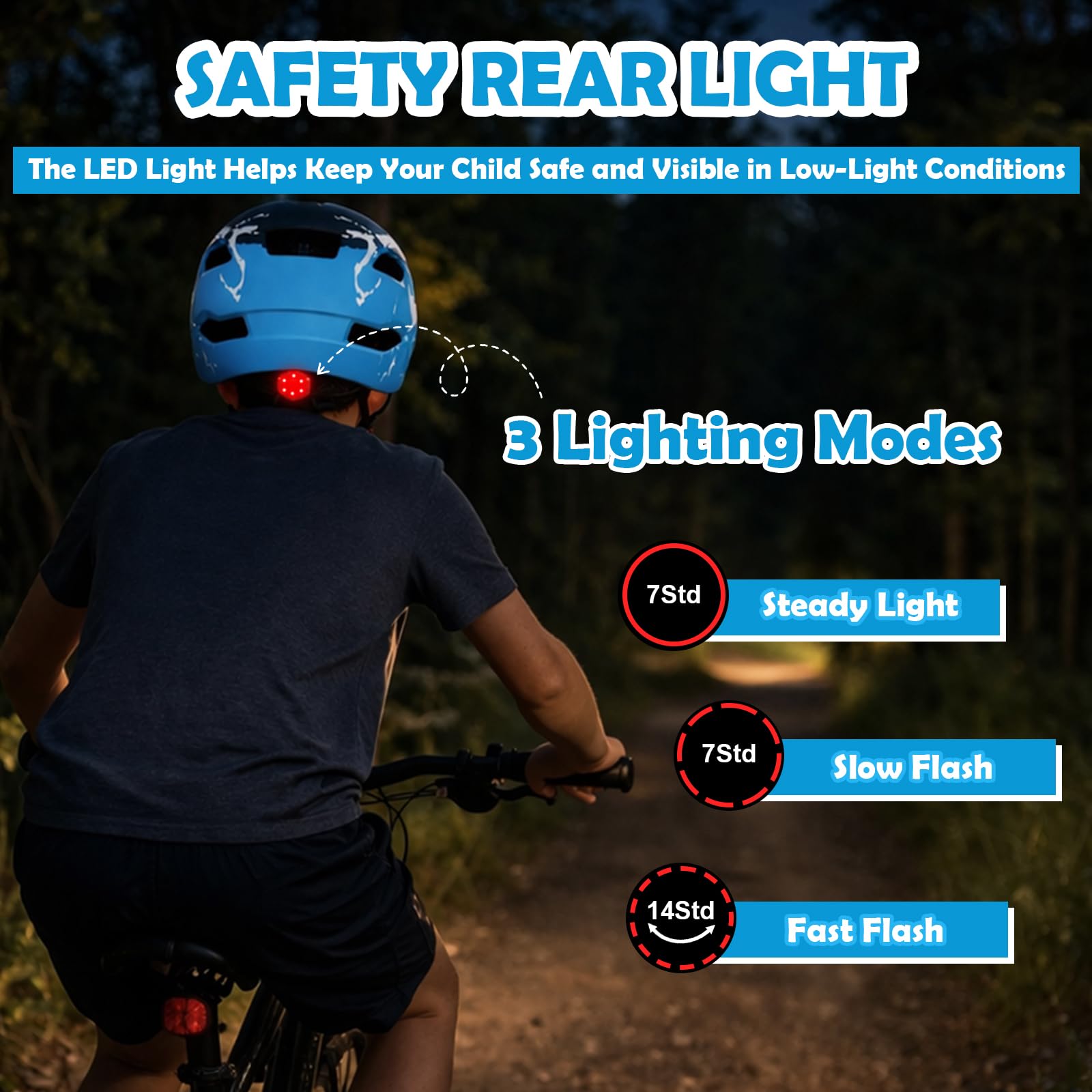 LeapBeast Casco de bicicleta para niños y niñas, con luz, ajustable, para BMX, monopatín, ciclismo, patines en línea, 50-56 cm (a partir de 5-14 años)