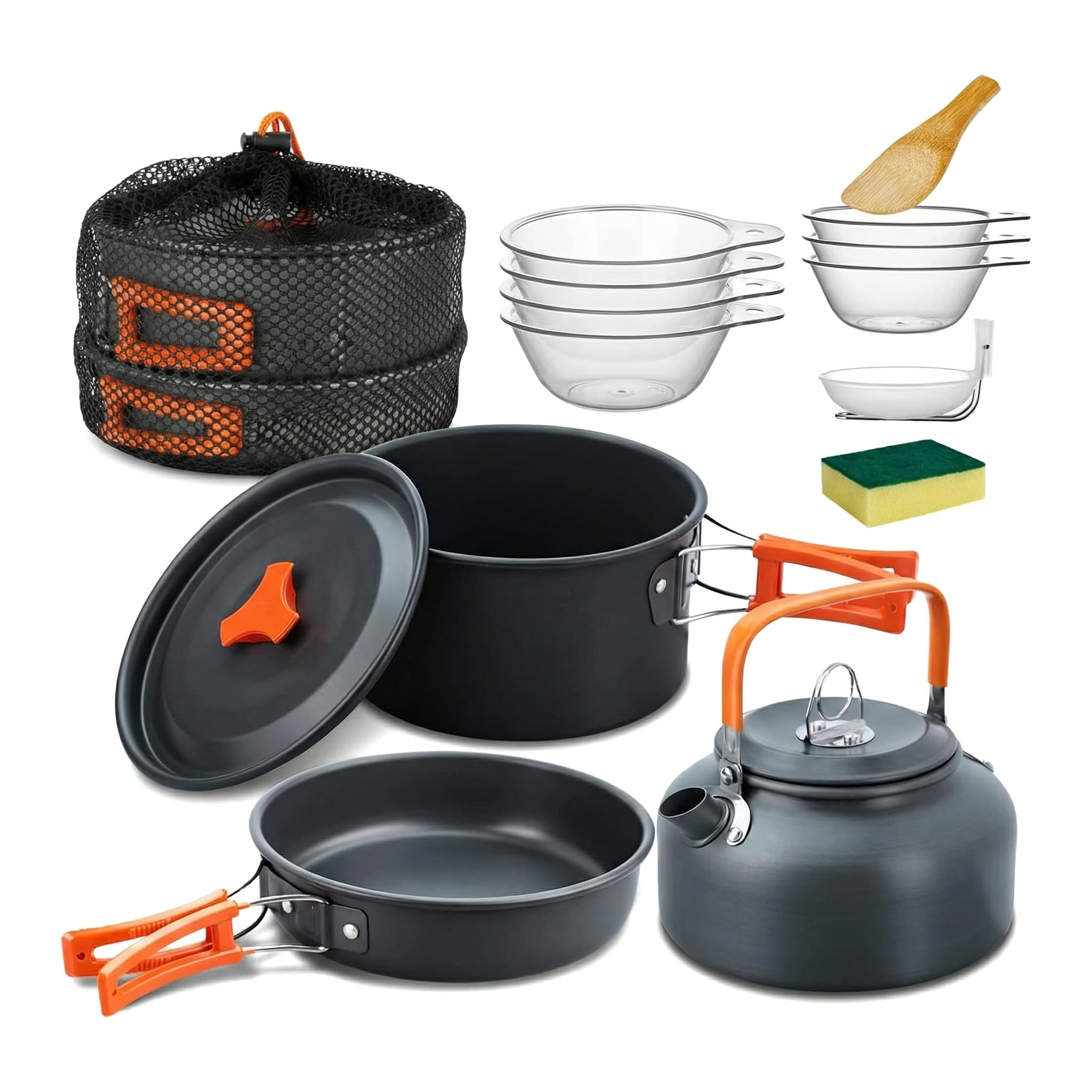Camping Kochgeschirr Set, Outdoor Geschirr Set Kochtopf Set 10-teilig, Grillgeschirr Picknick Topf mit Aluminium Faltbare Töpfe und Pfannen, für 2-4 Personen, Outdoor Wandern Picknick BBQ