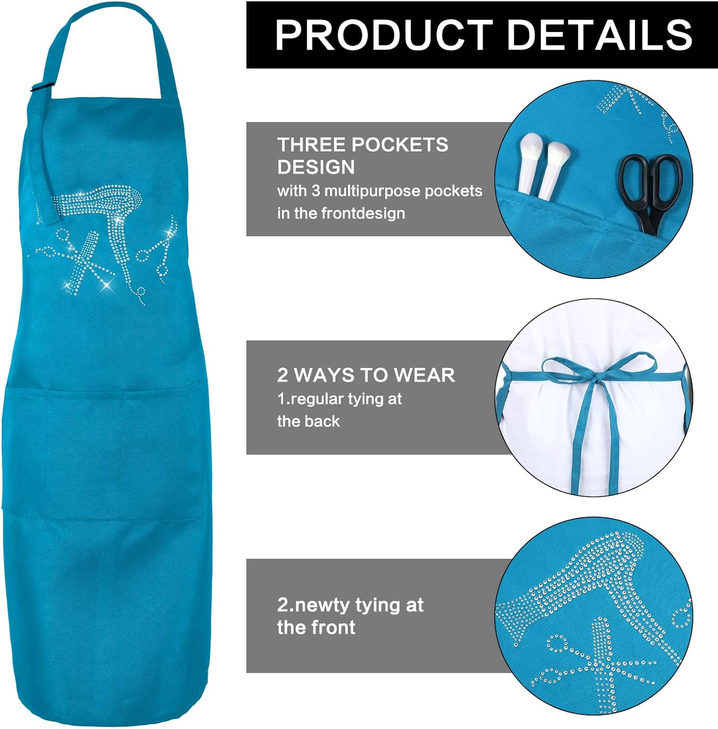 Hairdresser Apron with 3 Pockets, Waterproof Hair Stylist Aprons with Rhinestone Tools, Hair Cutting Apron Adjustable Hairs Aprons for Stylist, Barber Salon Apronss for Women and Men, Blue - Image 4