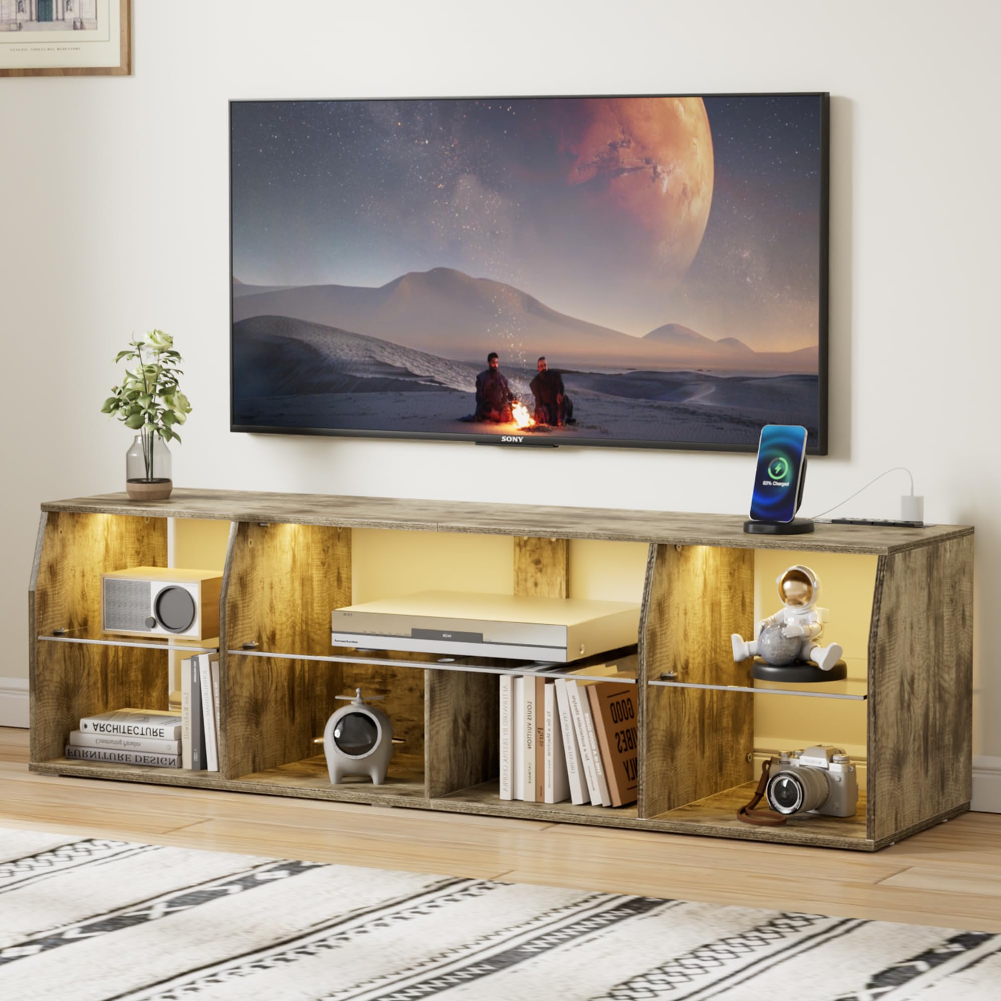 Meuble TV industriel pour salon moderne table console multimédia LED et prises VECELO