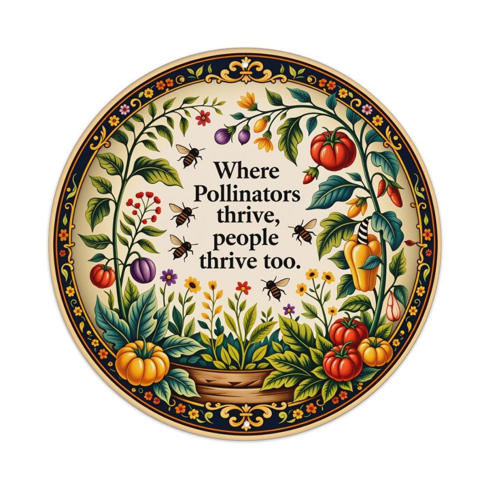 Floral Garden Pollinator Theme Art Round Tin Sign Vintage Style Metal Sign Home Bar Garden Wall Plaque Decor Metal Poster 8x8 Inch