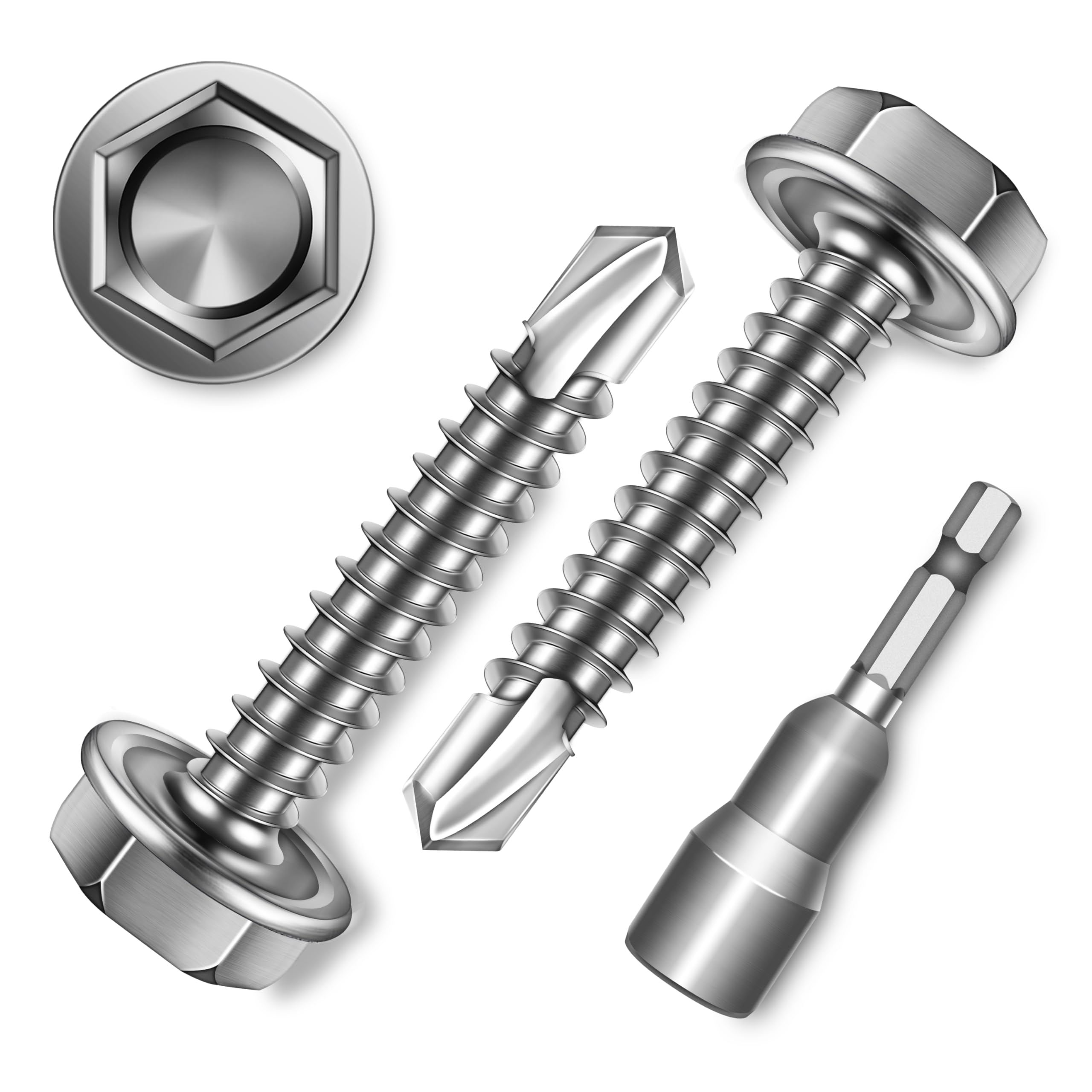 EASTPUK 100Pcs #8 x 1 Sheet Metal Screws, 410 Stainless Steel Self Drilling Hex Washer Head Self Tapping Screws for Metal with Drill Bit