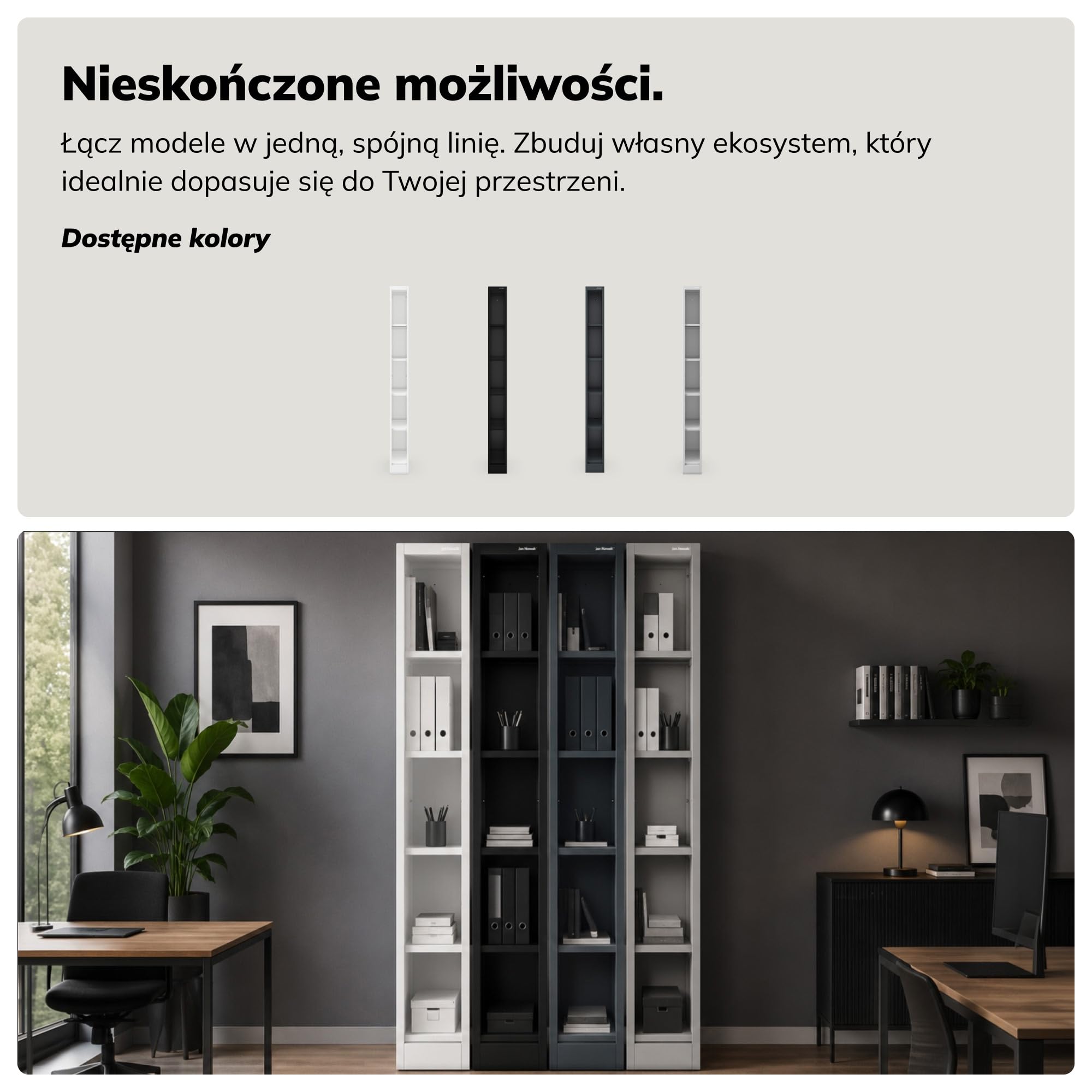 Jan Nowak Metalowy Regał Archiwizacyjny na Dokumenty TIM, 25 x 195 x 45 cm, Czarny, 4 Regulowane Półki, Wąski, do Biura i Domu