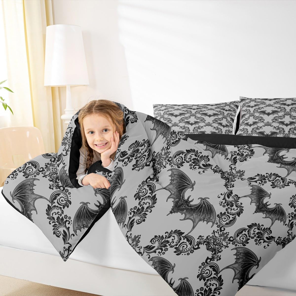 jejeloiu Adults Black Bat Comforter Set Toddler Vintage Boho Damask Floral Baroque Style Bedding Set for Boys Girls Teens Halloween Theme Duvet Quilt Room Decor