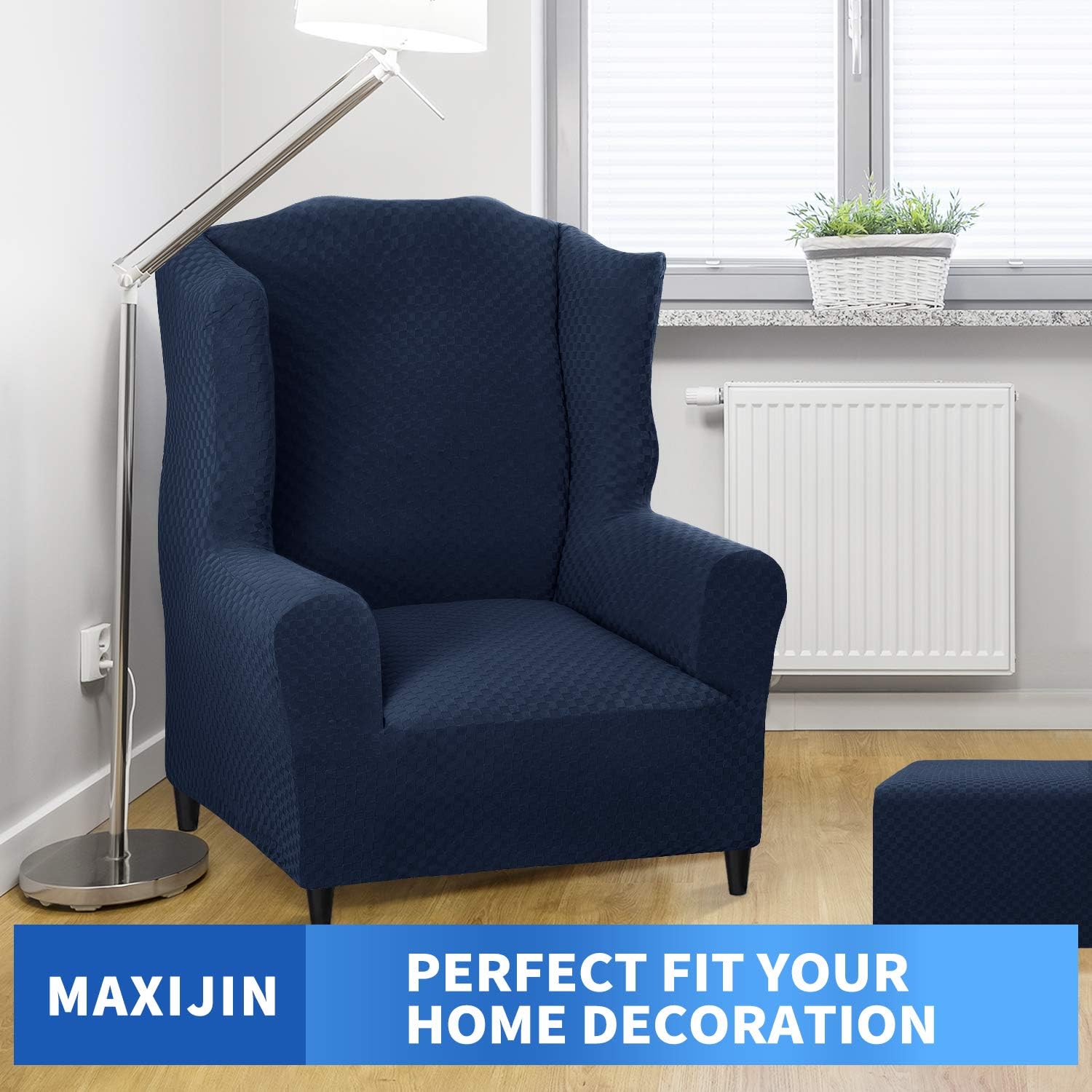 MAXIJIN Wingback Chair Covers 1-Piece Stretch Wing Chair Covers Soft Thick Wingback Armchair Slipcover Non-Slip High Back Chair Furniture Protector Washable (Wing Chair, Navy Blue)