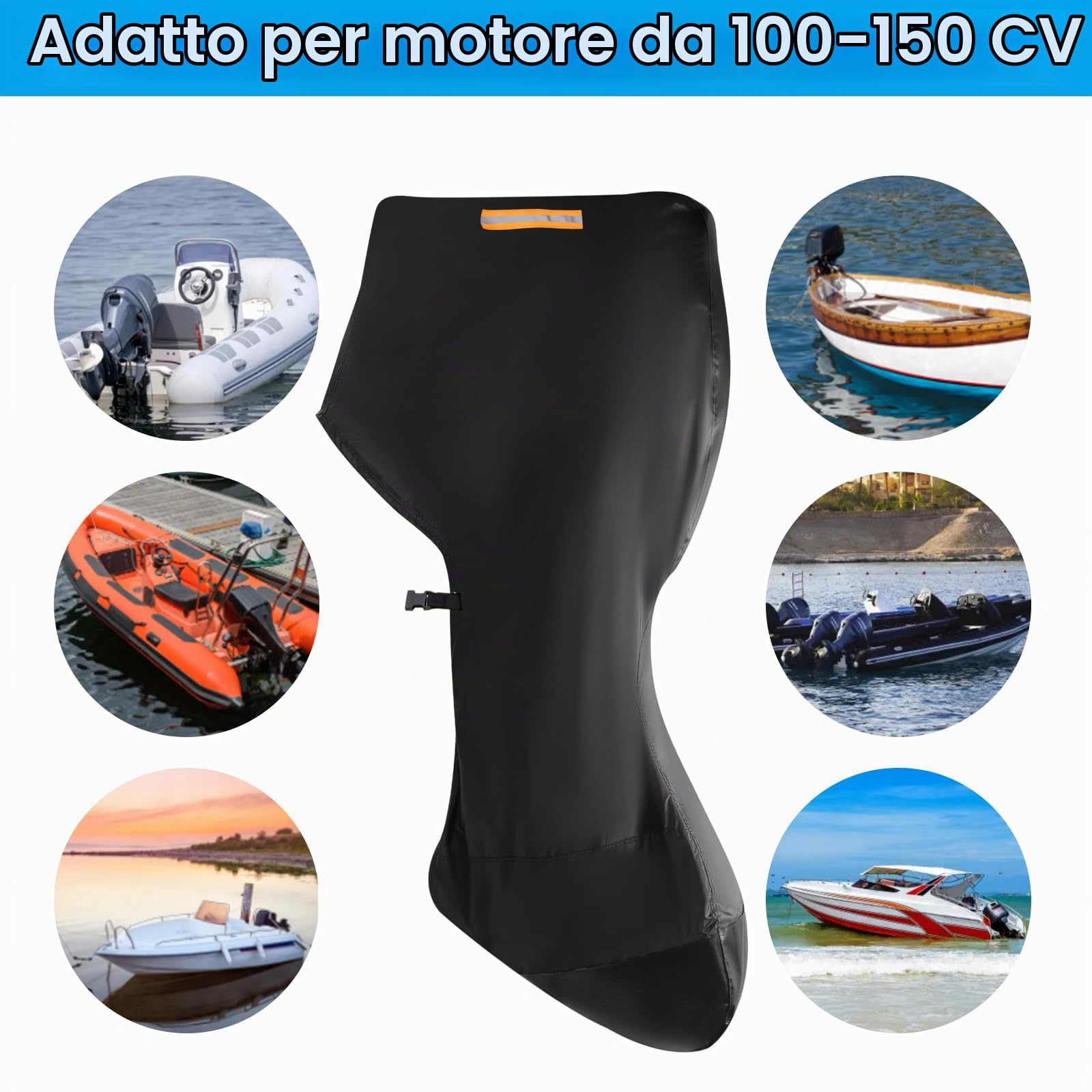 420D Oxford Coperture per Barche a Motore, Copertura Protettiva Completa del Motore Fuoribordo con 2 Strisce Riflettenti e 2 Corde di Coulisse, Cerniera Impermeabile e Fibbia Regolabile per 100-150 HP