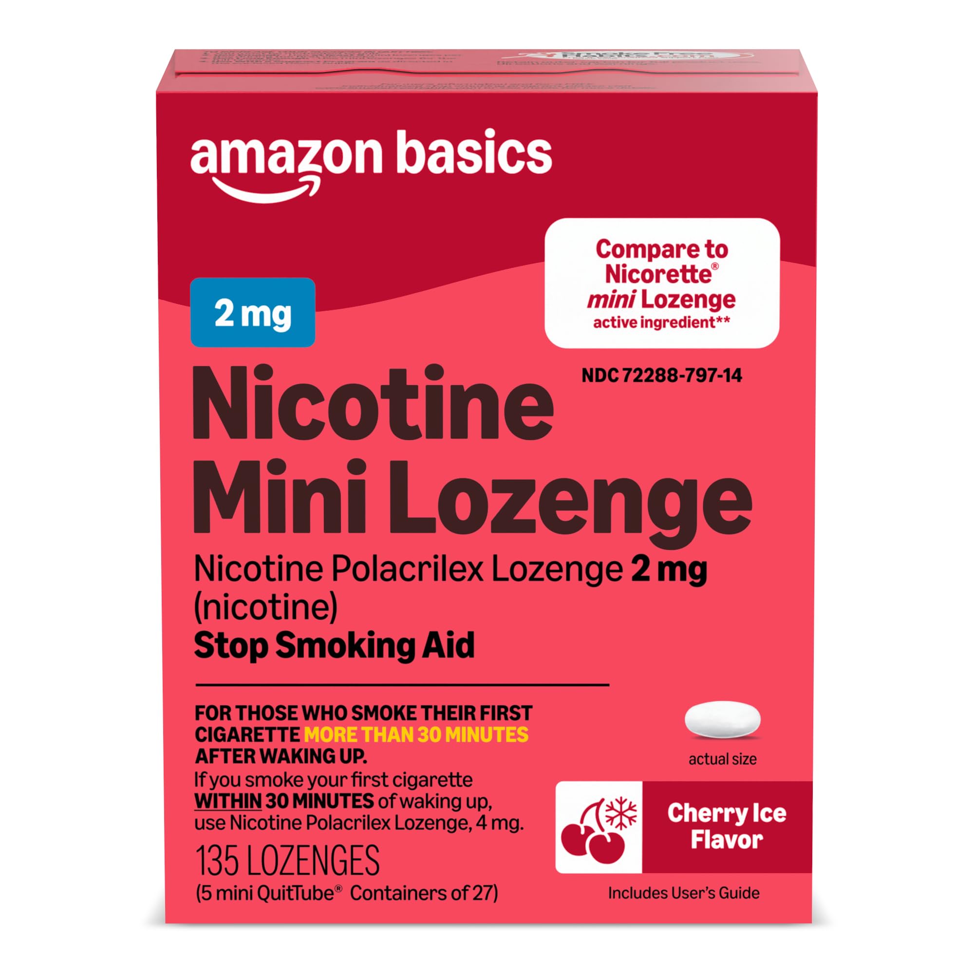 Amazon Basics Mini Nicotine Polacrilex Lozenge, 2 mg, Cherry Ice Flavor, Stop Smoking Aid, 135 Count (Previously Amazon Basic Care)