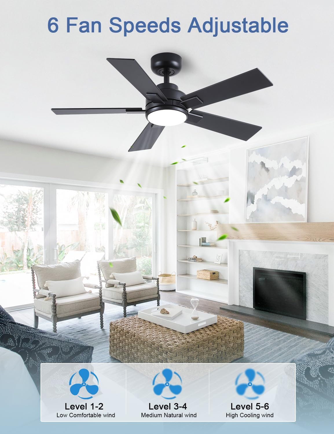 modern ceiling fans with lights - 42 inch black outdoor ceiling fan with light and remote, reversible dc motor, 6-speed quiet 3cct led dimmable for bedroom, indoor and outdoor, patios, etl listed black 42 inch-downrod