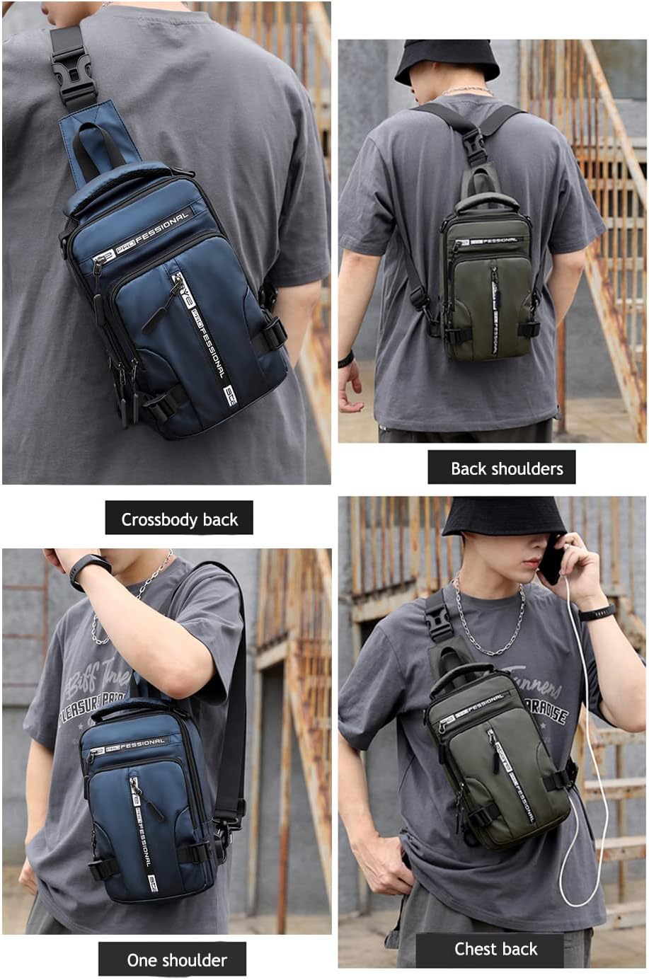 Men Sling Bag Shoulder Crossbody Backpack with Adjustable Strap Waterproof Chest Bag with USB Charging Port Casual Daypack