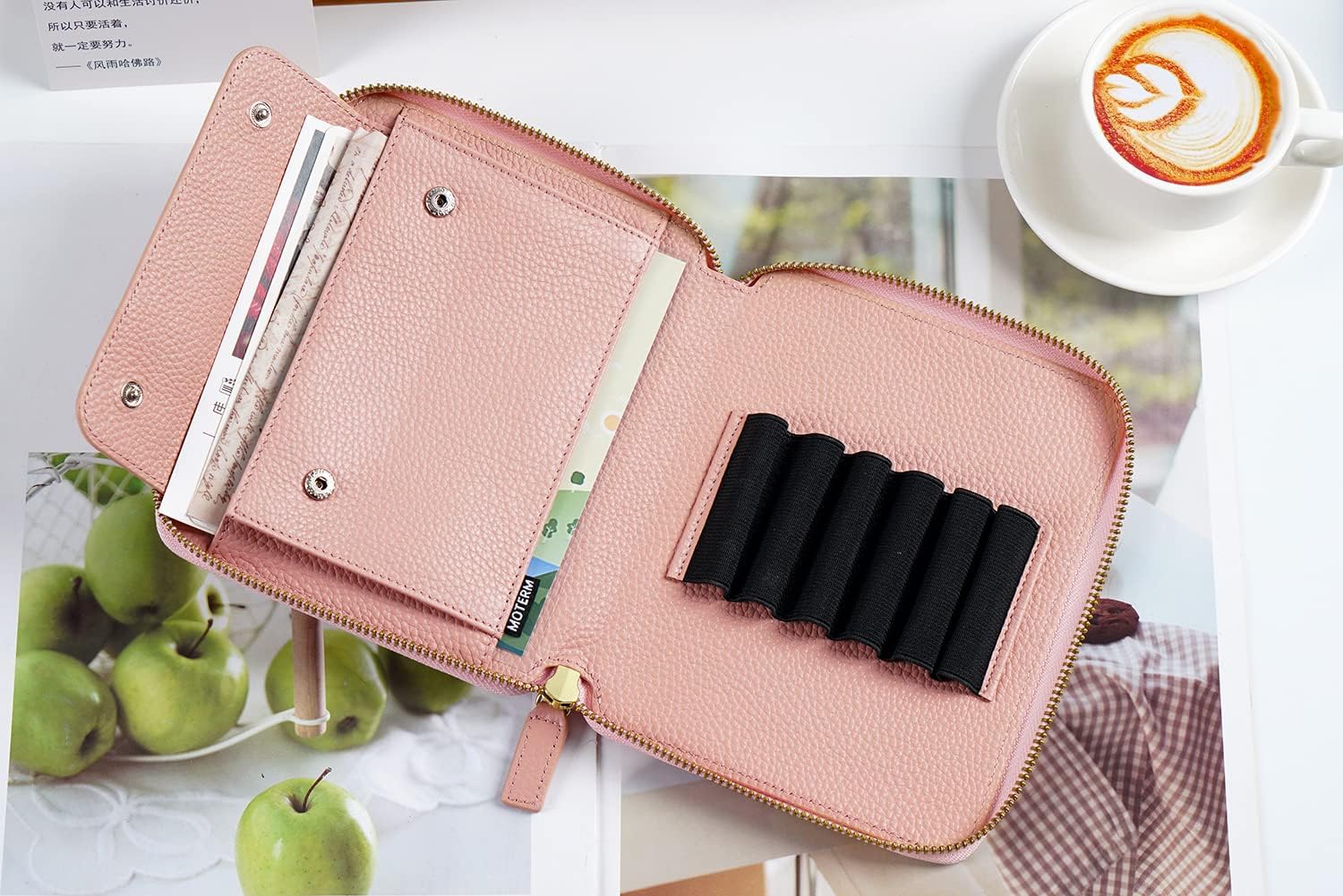 Moterm Leather Zippered Pen Pouch - Fountain Pen Case with 6 Pen Loops and a Snap Pocket (Pebbled-Dusty Rose)