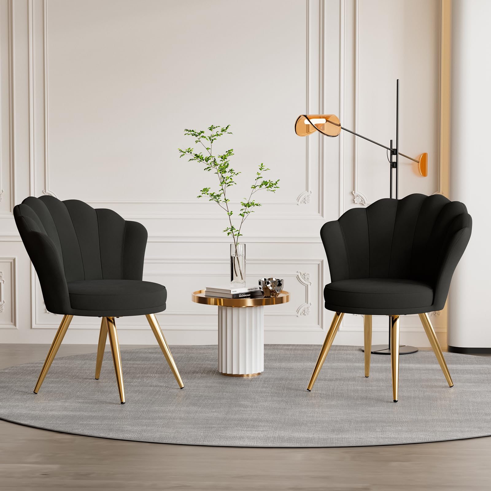 Aivermeil Velvet Accent Chair with Gold Metal Legs •Vanity Chair for Makeup Room •Upholstered Guest Chair for Living Room •Side for Bedroom •Black •Set of 2