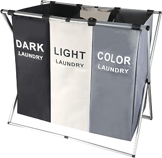 132L Laundry Cloth Hamper Sorter Basket Bag Bin Foldable 3 Sections with Aluminum Frame 25'' × 14'' x 22'' Washing Storage Dirty Clothes Bag for Bathroom Bedroom Home (White+Grey+Black)