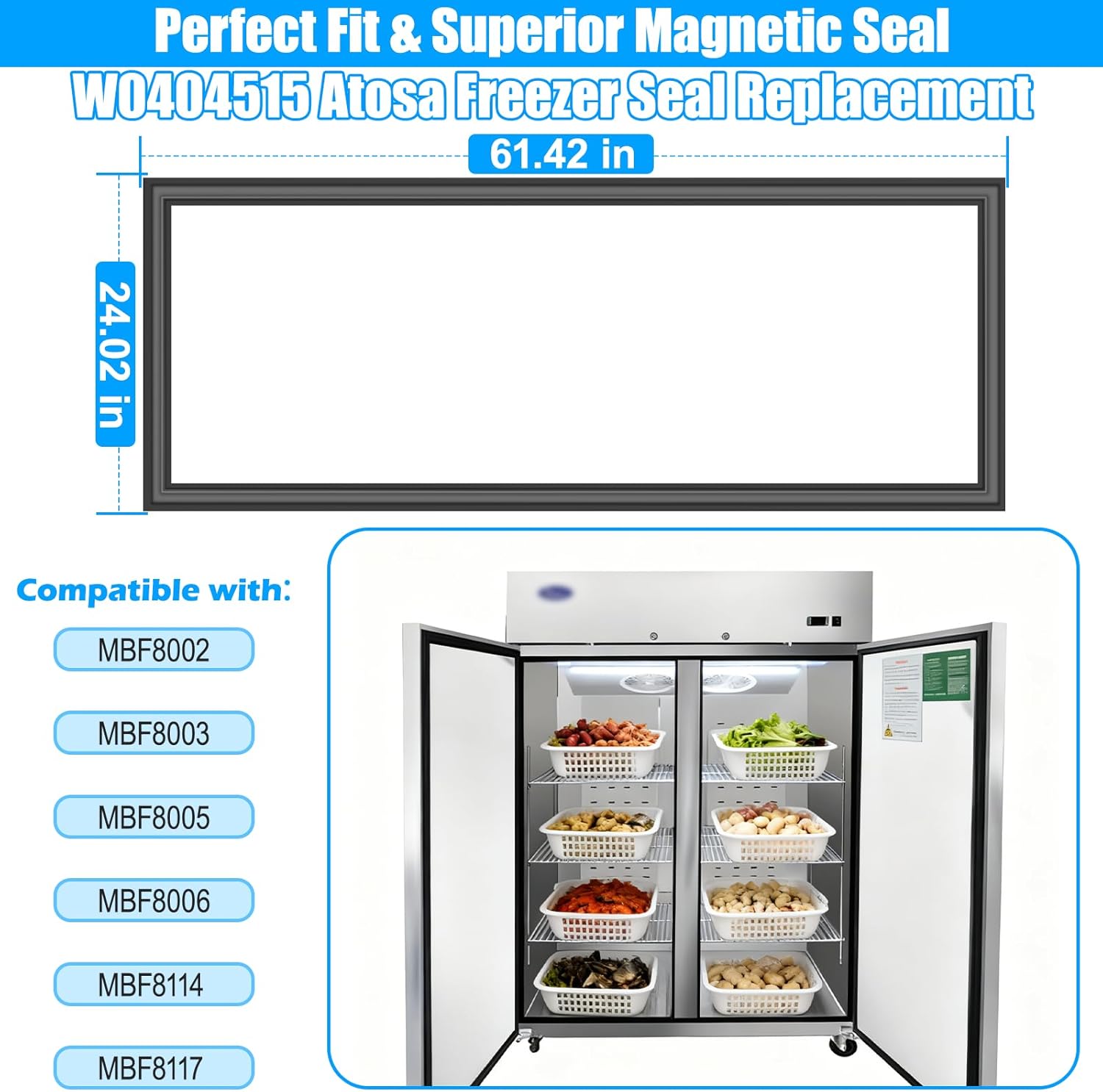 Upgraded W0404515 Refrigerator Door Seal Compatible with Atosa Commercial Upright Reach-In Freezer MBF8002 MBF8003 MBF8005 MBF8006 Freezer Door Gasket Black Cooler Door Gasket Atosa Magnetic Gasket