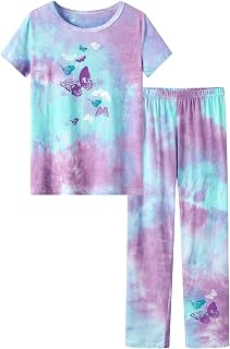 Beezizac Girls' 100% Cotton Pajama Set, Tie-Dye with Various Prints, 4T–18 | 2pc Set, Classic Crewneck Top, Elastic-Waist Pants, Breathable Pure Cotton, For Little Girls, Big Girls, Tweens & Teen