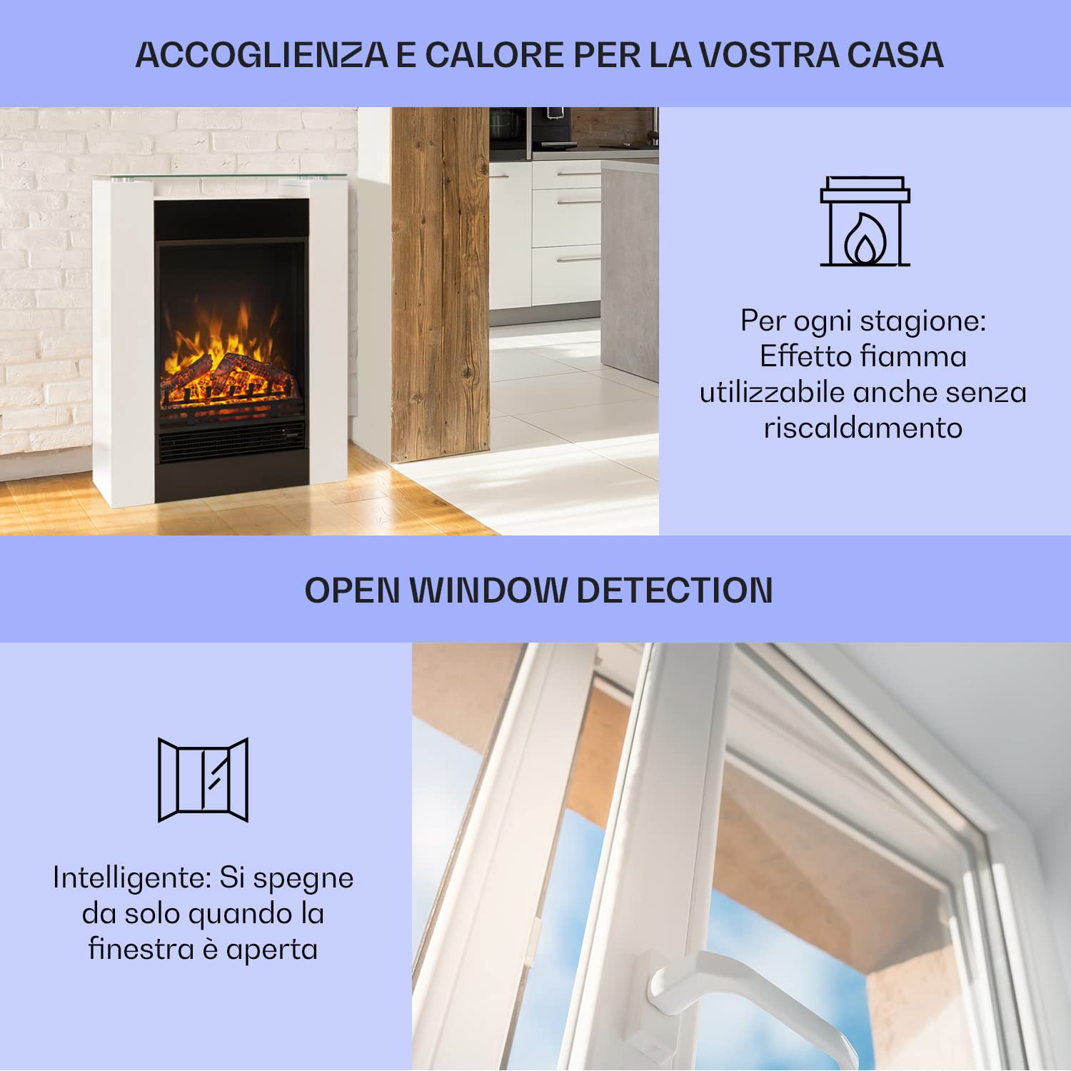 Klarstein Camino a Riscaldamento Elettrico, Caminetto Finto 1800 W a Basso Consumo, Fuoco LED, Spazio per Legna, Termocamino con Telecomando, Termostato e Timer