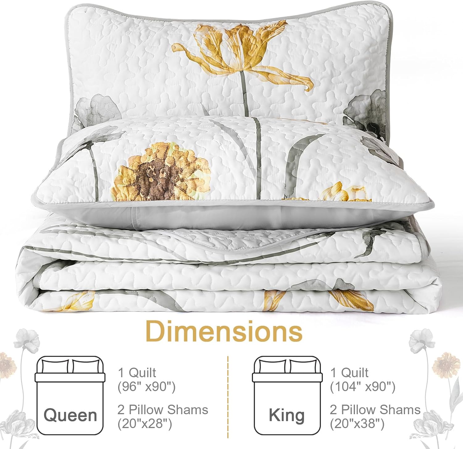 WONGS BEDDING Floral Quilt Set Queen,Grey and Yellow Bedspread Coverlet Bedding Set with 2 Pillowcase,Lightweight Summer Floral Bedding Set for All Season (96"x90") - Image 8