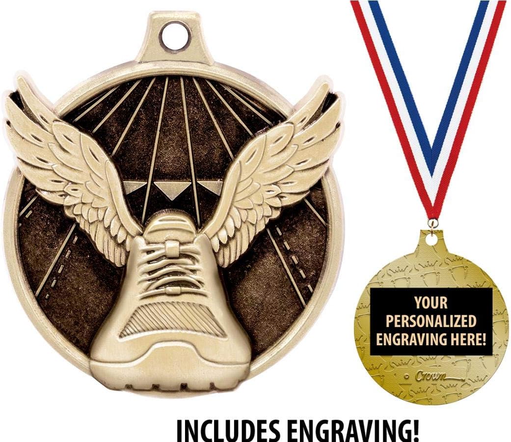 Running Medals - 1 1/2" Gold Winged Foot Medals, Great Kids Racing Awards with Custom Engraving Prime
