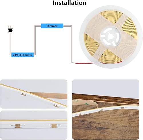 Miniatura 6 de QiGe Tira de luces LED COB emisoras laterales de 16.4 pies16.4 ft, tira de luz LED COB blanca cálida regulable, 24 V 1200 lm CRI90+ 3000K 480LEDsm