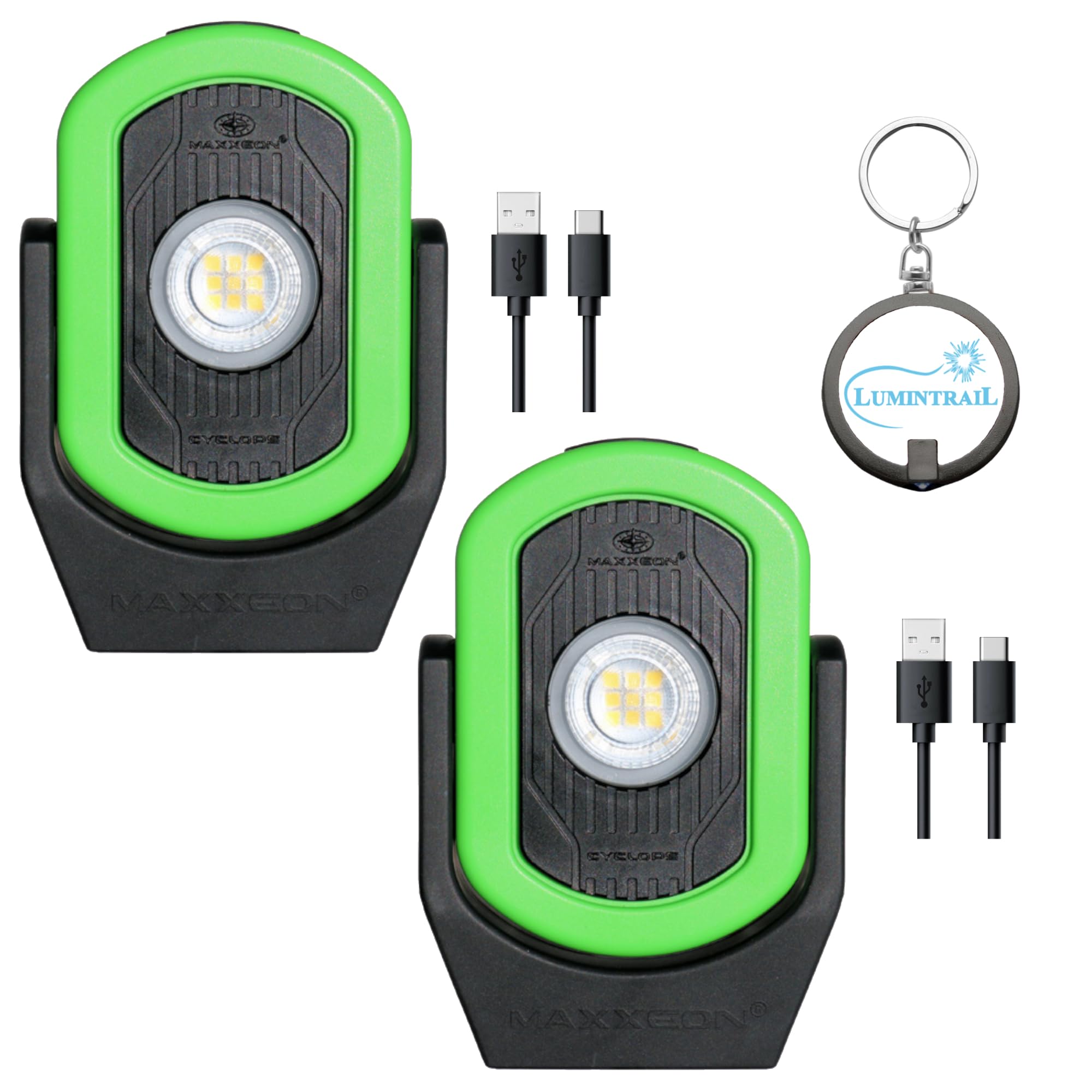 MAXXEON Cyclops 720 Lumens LED Rechargeable Work Light, Mechanic Light, Magnetic Base, 360 Degree Rotation Swivel Light, with a Lumintrail Keychain Light