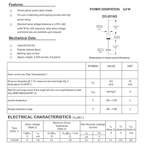 Miniatura 3 de ALLECIN 35 PCS 1N5349B 5W 12V Zener Diodo 5349 5Watt 12Volt Diodos de potencia automotriz diodos unidireccionales DO-201AD paquete