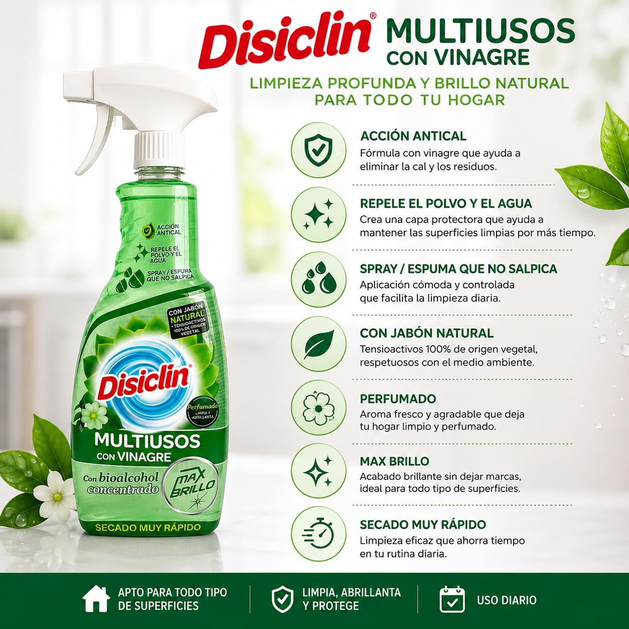 Disclin Limpiador Multiusos Max Brillo con Vinagre Spray 750 ml | Pack 12 unidades | Limpieza Hogar | RASMACOR
