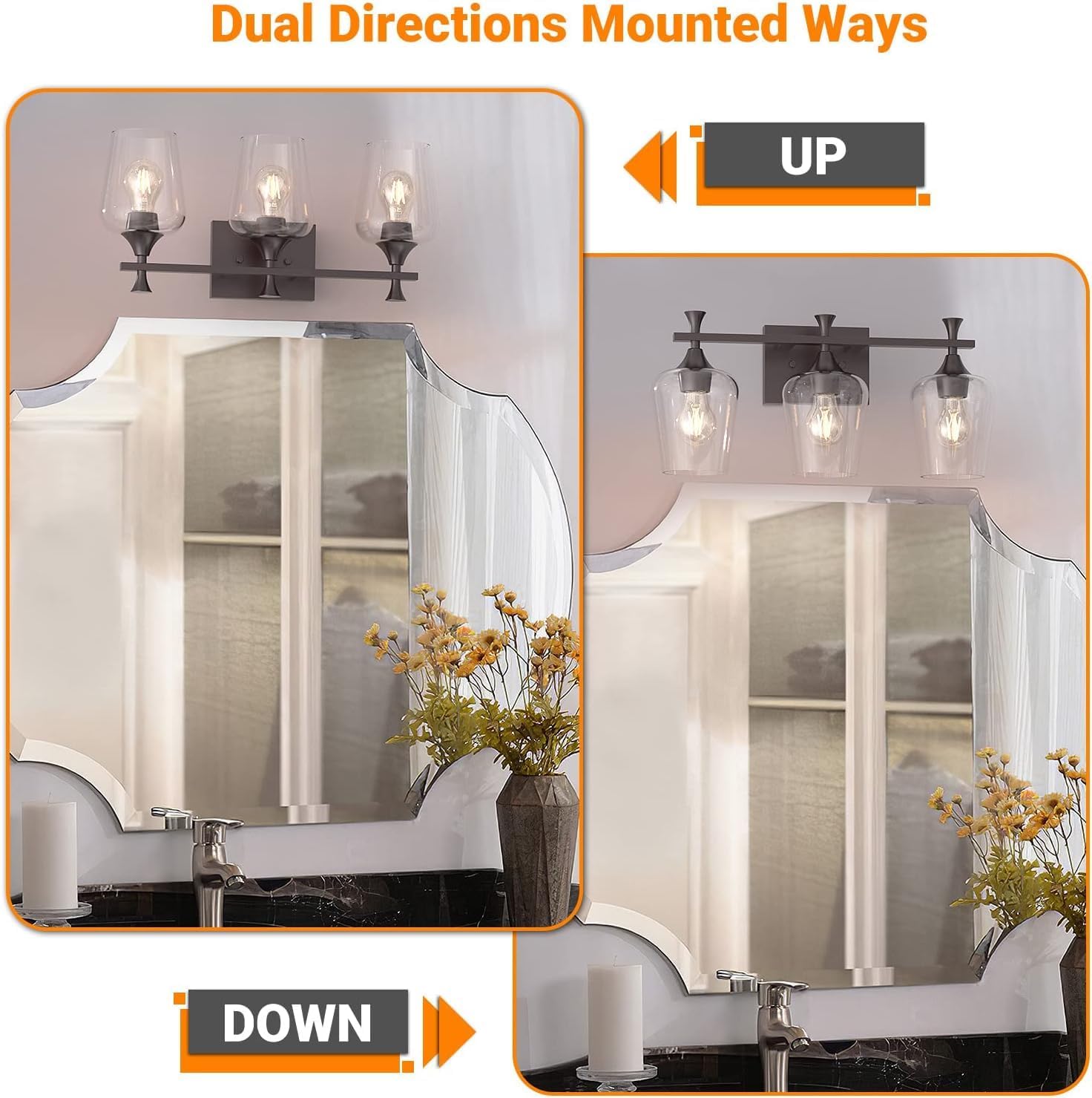 3 Light Bathroom Vanity Light - Black Bathroom Lighting Fixtures Over Mirror, Modern Wall Sconces with Transparent Glass Lampshade for Bedroom Living Room Kitchen Cabinet Stair Hallway