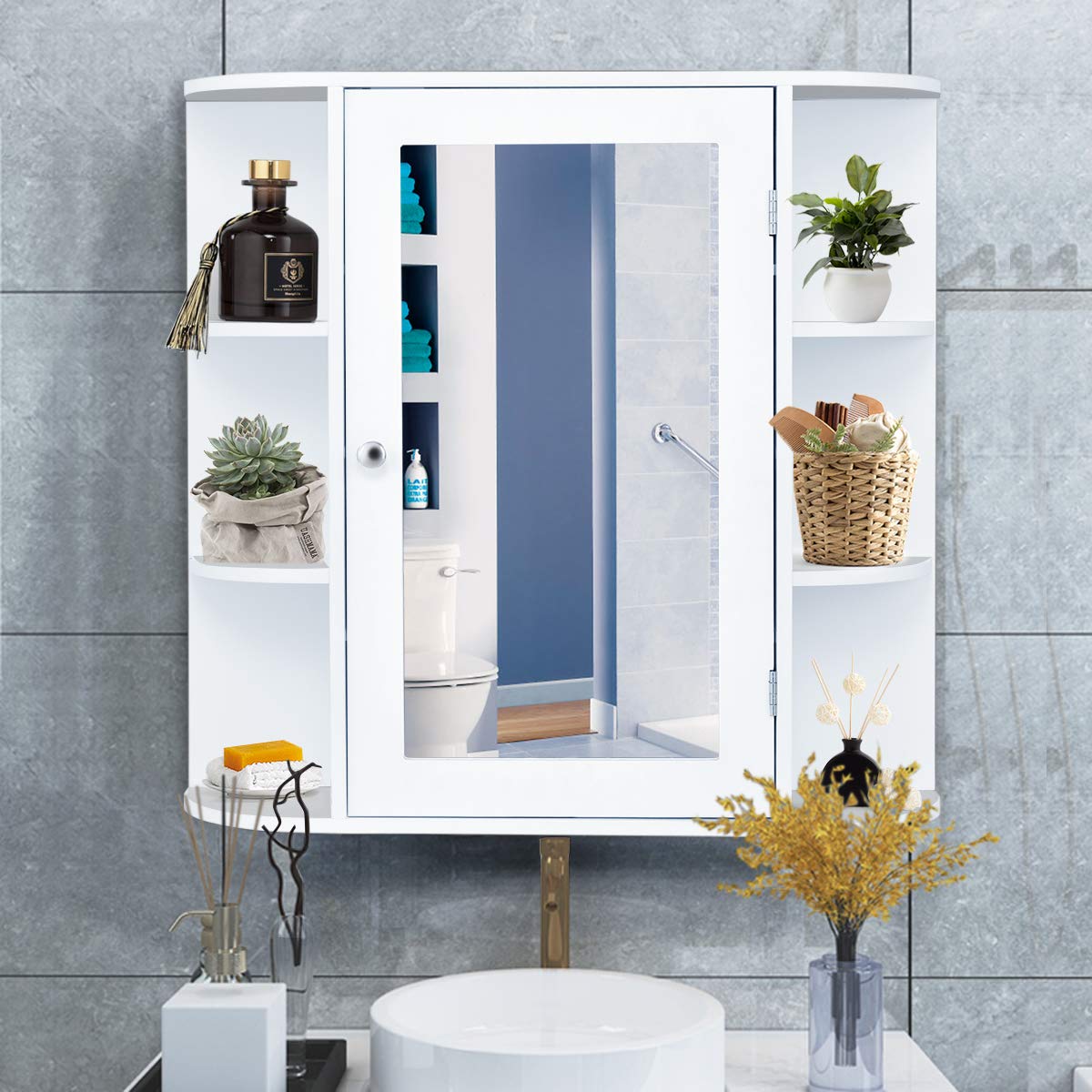 GIANTEX Spiegelschrank Bad, Badezimmerschrank hängend Holz, Hängeschrank mit Spiegel, Badezimmerspiegel Schrank 4 Ablagen & 6 Regal, Wandschrank eintürig, Badschrank Schminkschrank 65x17x64 cm (weiß)