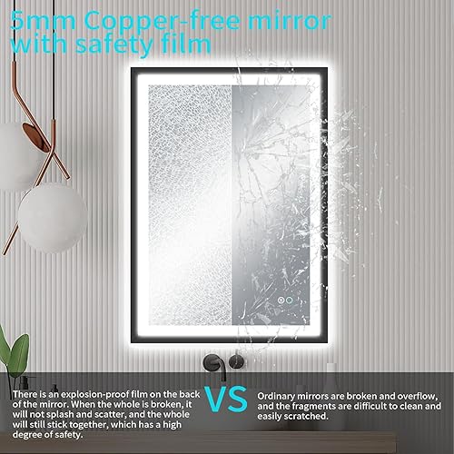 Miniatura 7 de Espejo de baño de 20 x 28 pulgadas, espejo de pared con marco de metal negro mate, espejo de tocador de baño iluminado LED, espejo de maquillaje