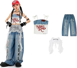 [Raineed] デニム ダンス衣装 キッズ 女の子 白 袖なし トップス チョッキ k-pop y2k ジャズ チアダンス へそ出し ヒップホップ 演出服 ステージ衣装 レッスン 練習着 おしゃれ