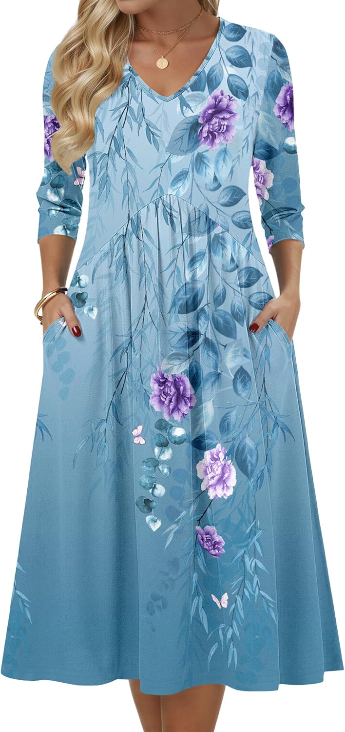 Zeagoo 3/4 Sleeve Women's Dress Casual Midi Tshirt Dresses with Pockets Empire Waist Summer Semi-Formal Boho Beach Sundress
