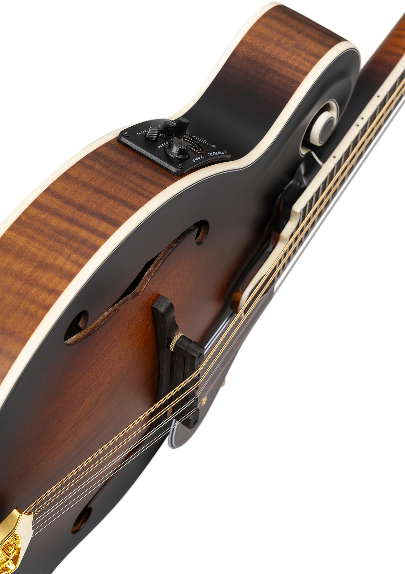 Ortega Guitars F-Style Mandoline Elektro-Akustisch – F-Holes – Mandolins – Inklusive Gig Bag – Massive Fichte / Geflammter Ahorn, Mehrfarbig (RMFE100AVO)